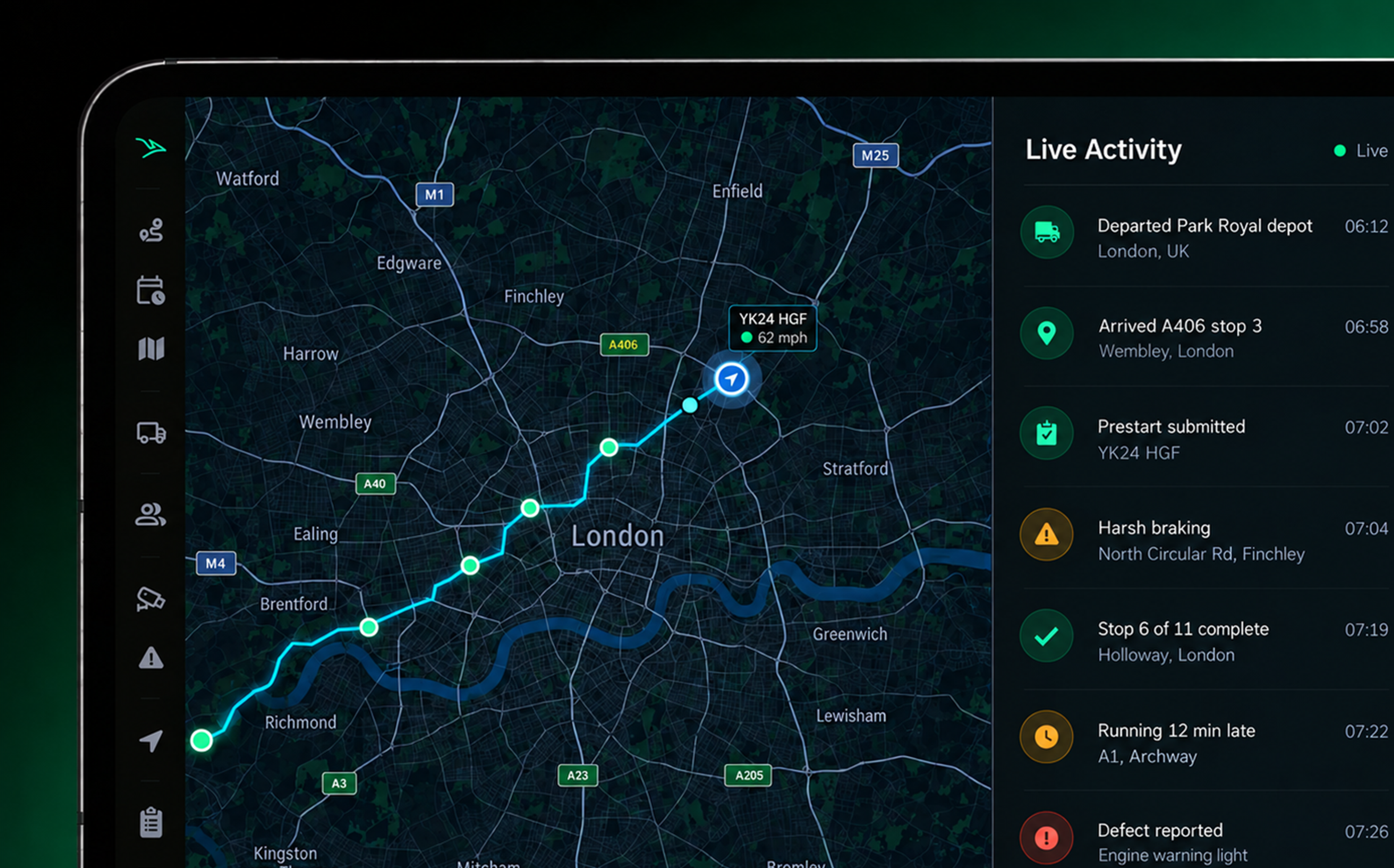 The live map filling the panel: vehicle pins mid-route, beside the activity feed updating as events land.