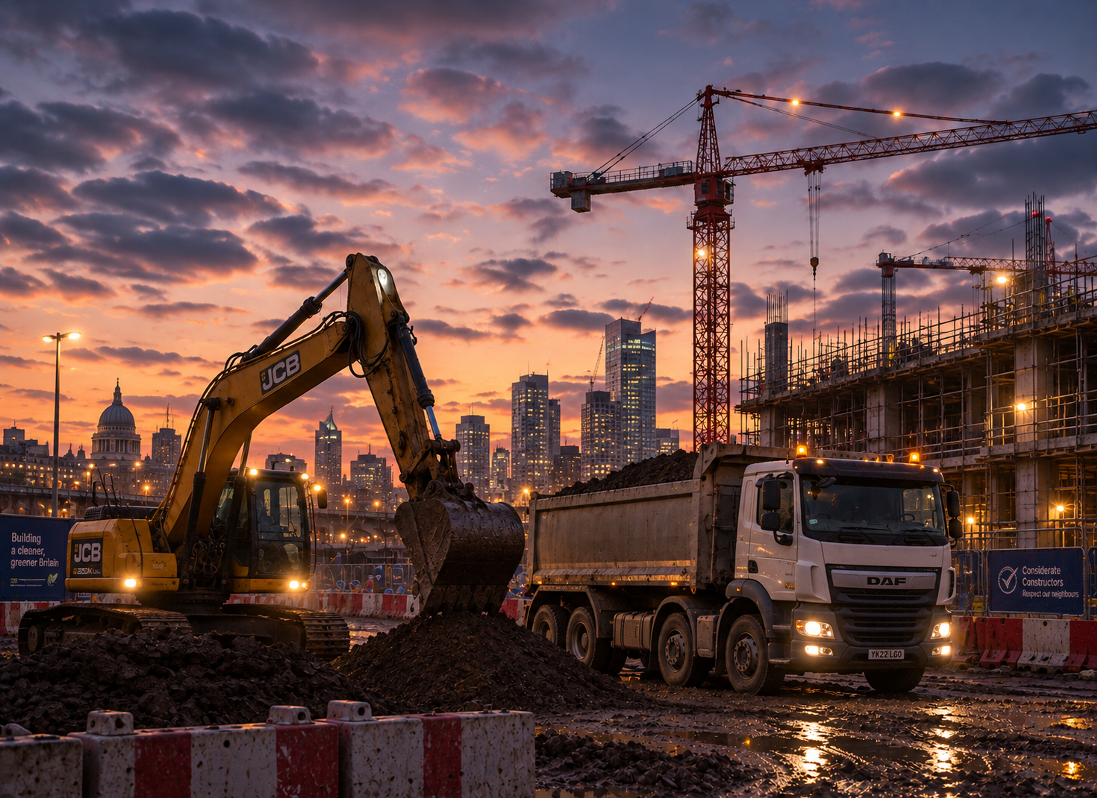 Photograph: a construction site at first light, plant moving. Dark and cool, no text in the artwork.