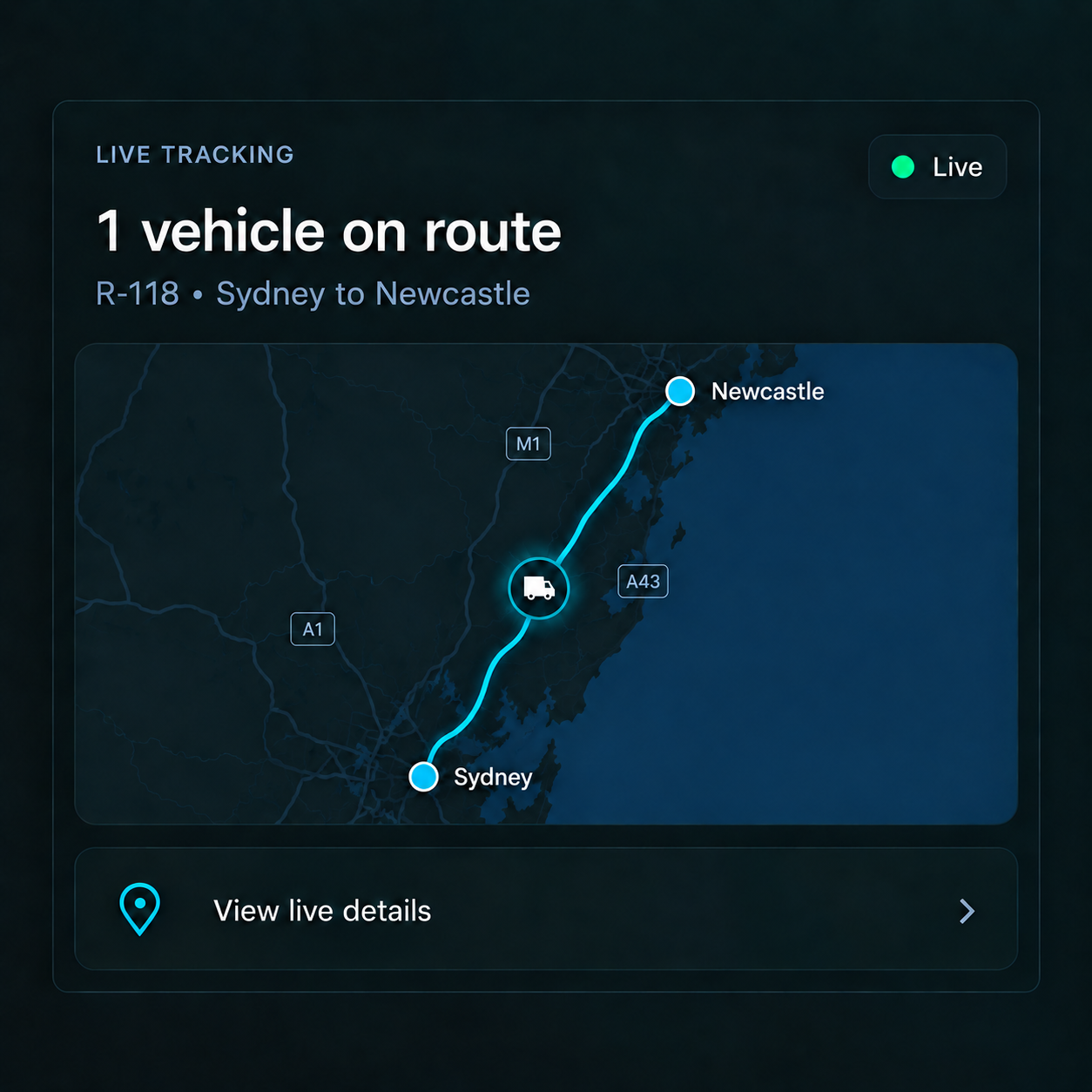 Driver app on a handset: the assigned run with its stop list, first stop open.