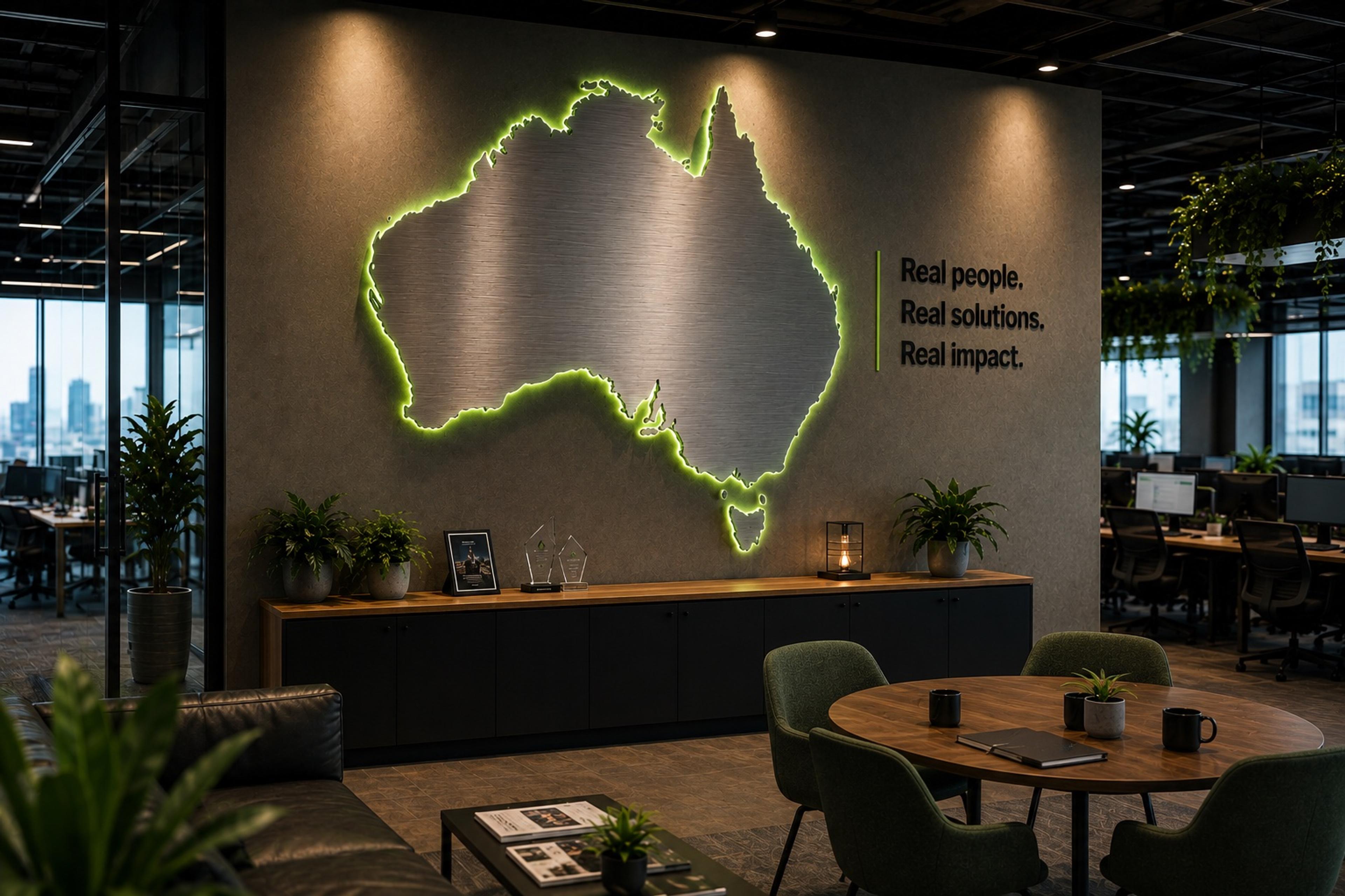 The Saphyroo office wall with a lit map of Australia