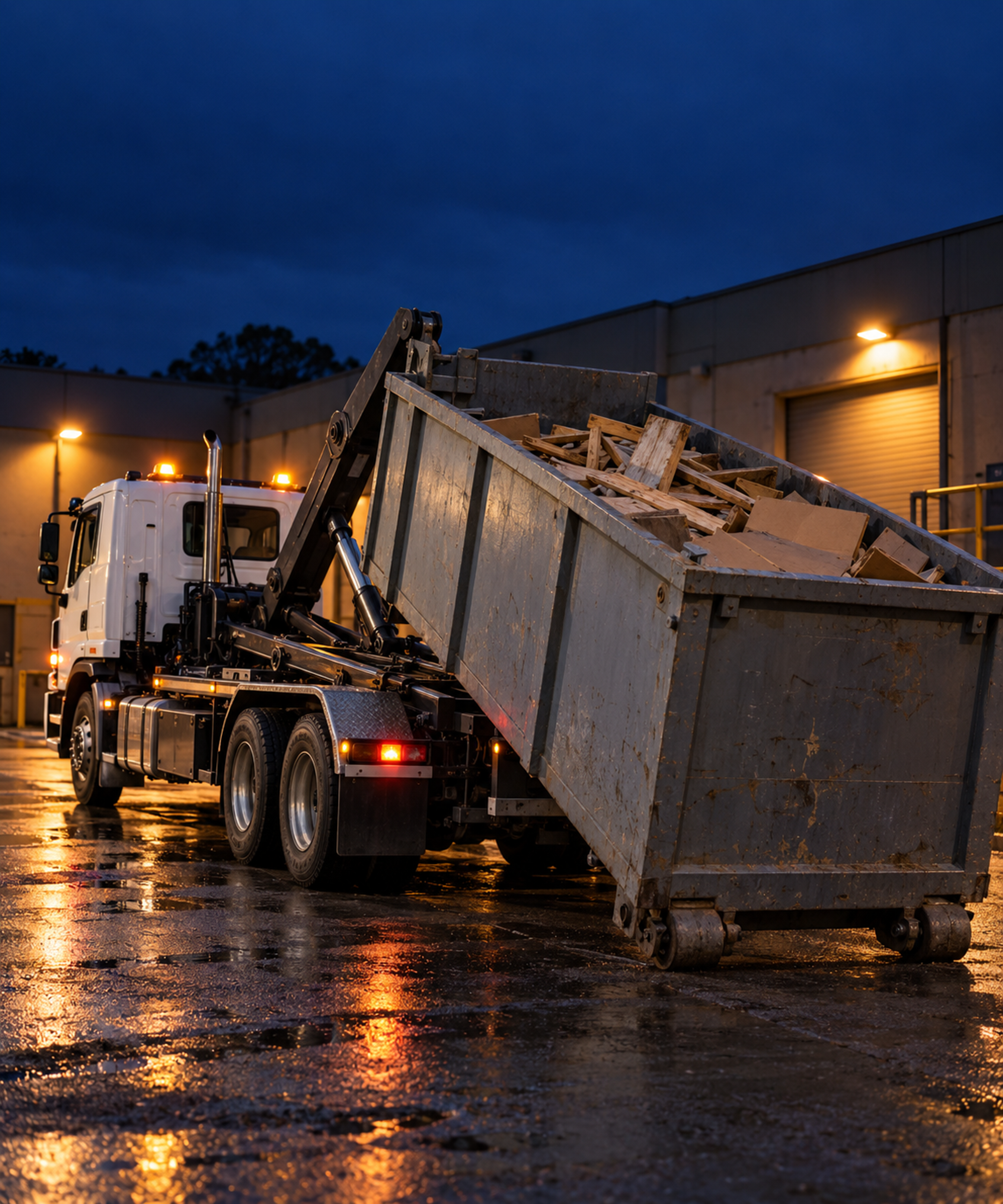 Photograph: a hook-lift truck at a commercial site at dusk. Dark and cool, room at the top, no text in the artwork.