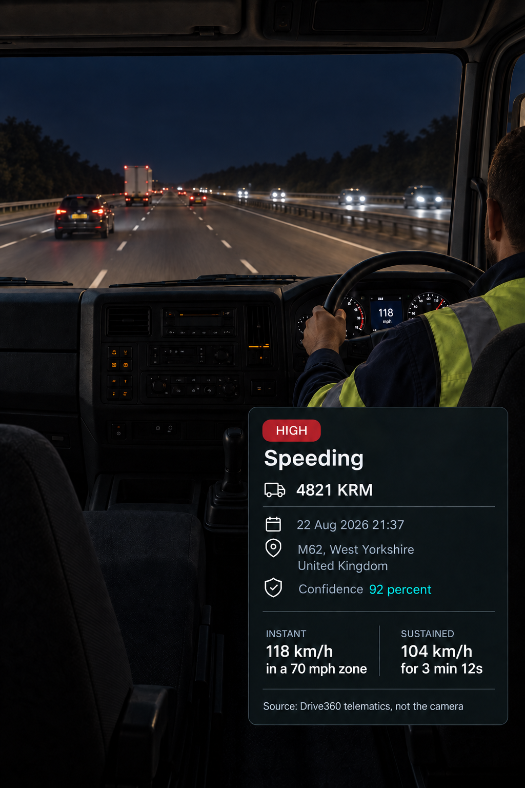 Photograph: a highway speed limit sign with a truck passing, shot from the roadside. Portrait 3:4, dark and cool, room at the top for a heading, no text in the artwork.