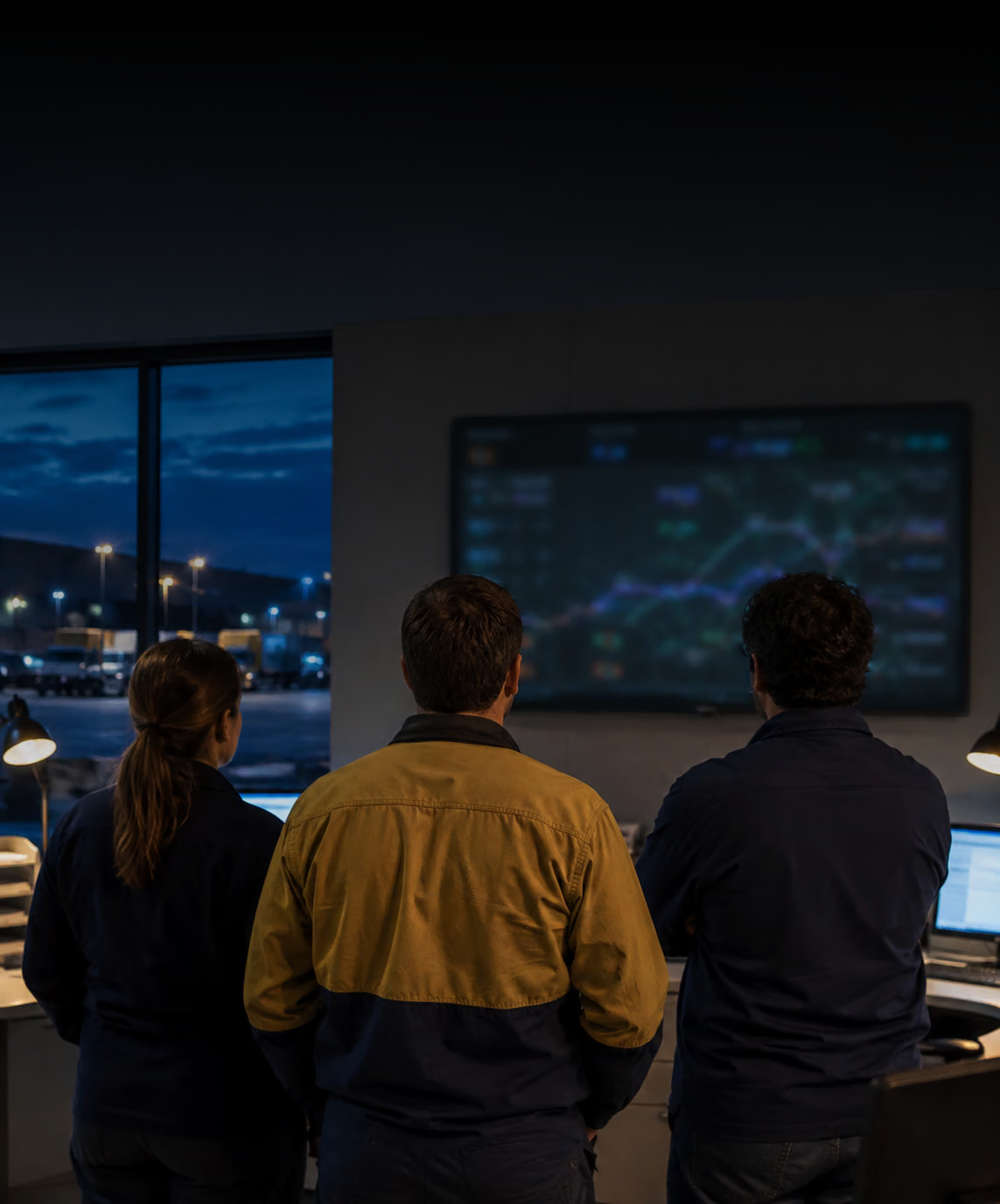 Photograph: an operations team around a screen in a depot office. Dark and cool, room at the top, no text in the artwork.