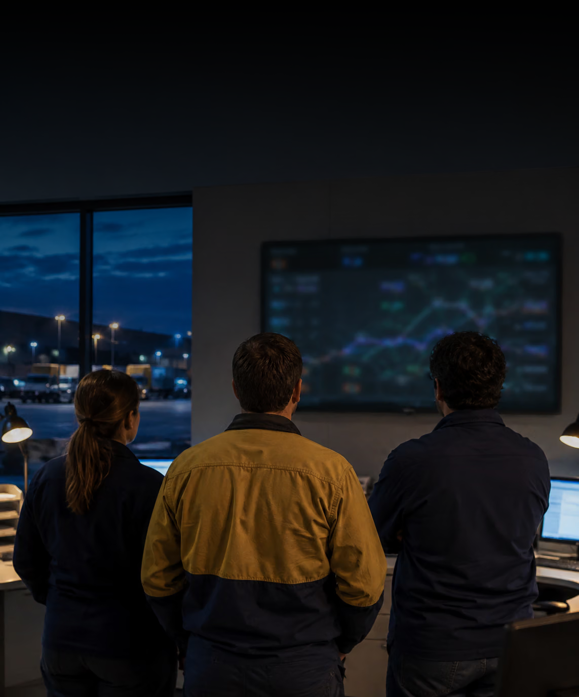 Photograph: an operations team around a screen in a depot office. Dark and cool, room at the top, no text in the artwork.