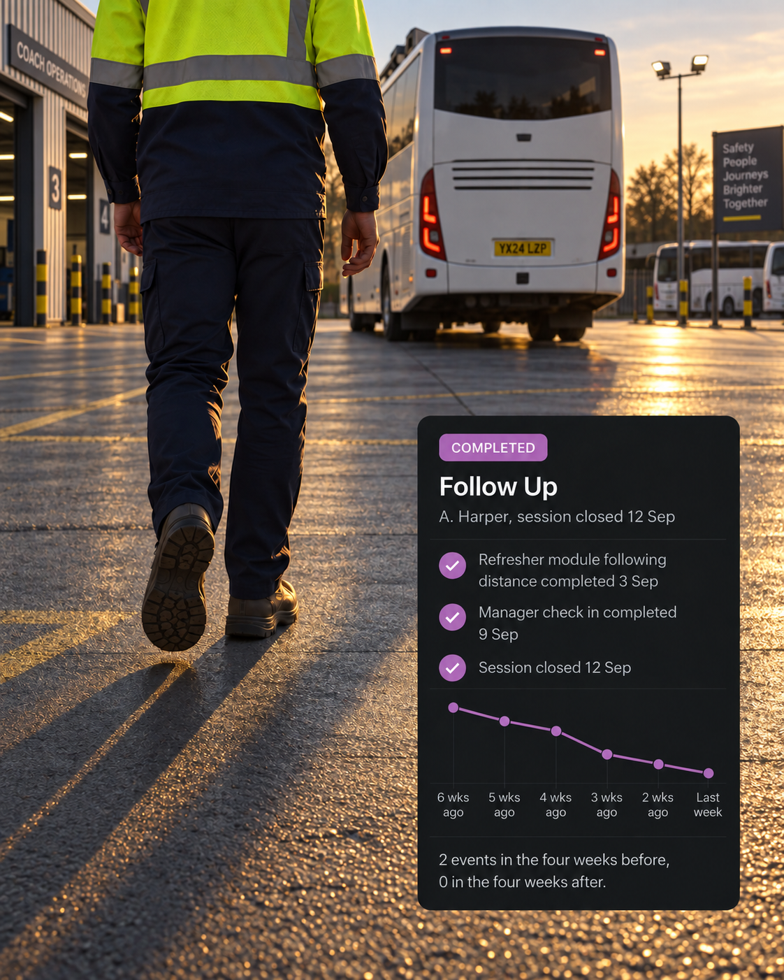 Photograph: a driver doing a walk-around check beside a truck in a yard at first light. Portrait 3:4, dark and cool, room at the top for a heading, no text in the artwork.
