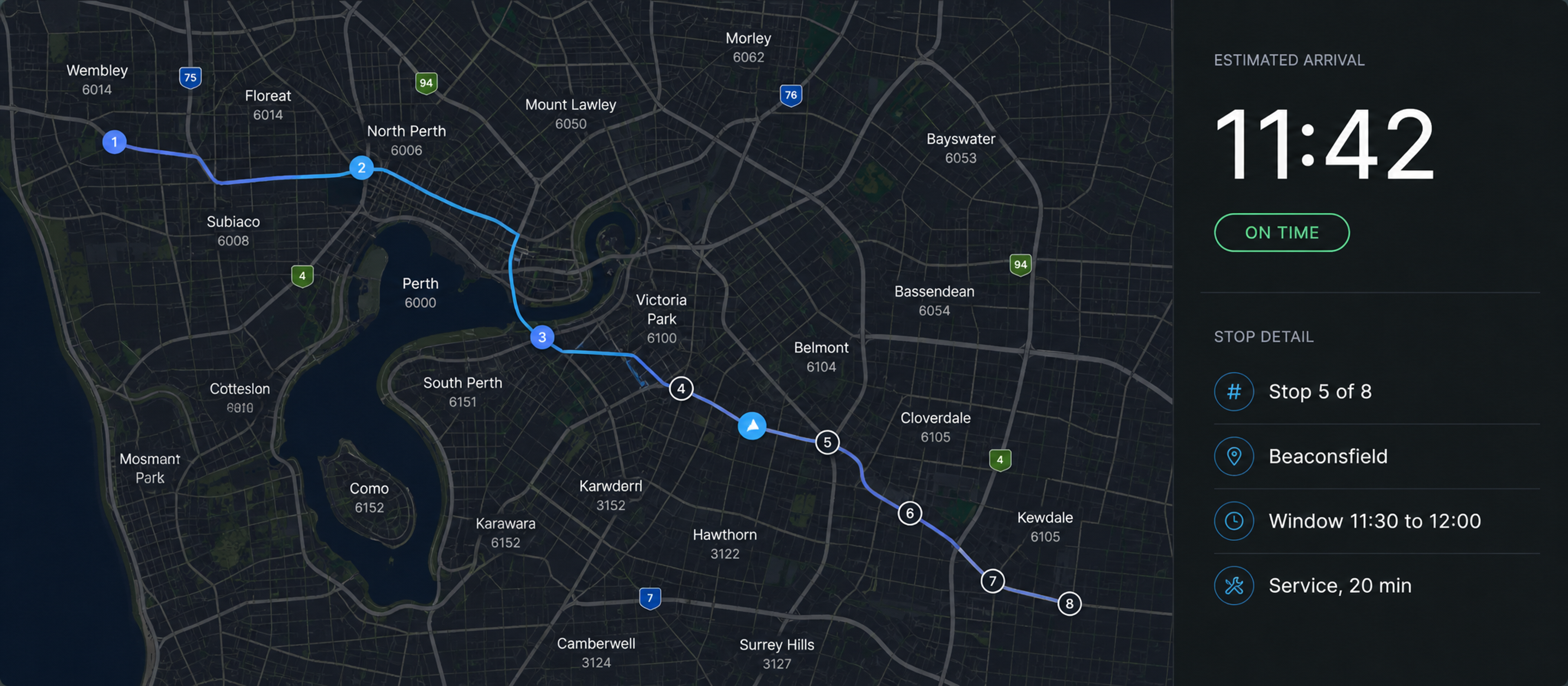 The live tracking view: the route on a map with the vehicle in progress, the estimated arrival and on-time state, and the stop detail beneath.