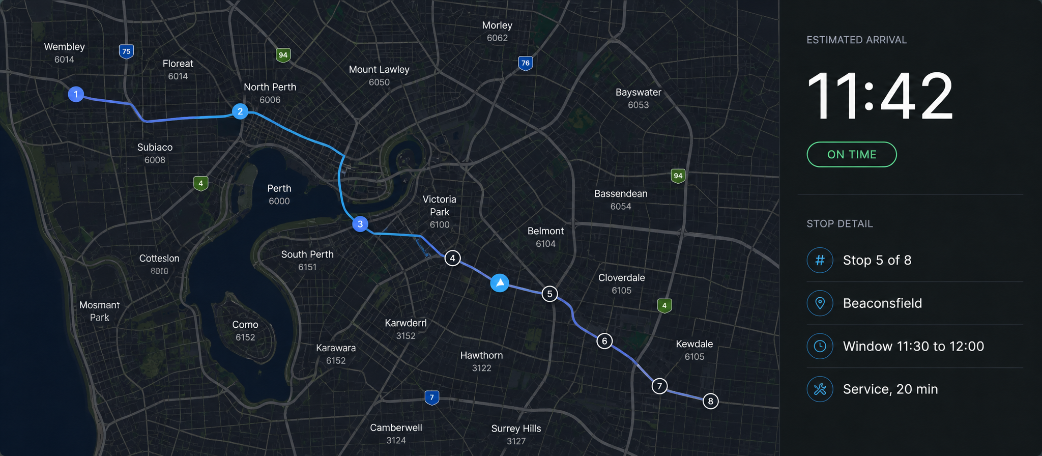 The live tracking view: the route on a map with the vehicle in progress, the estimated arrival and on-time state, and the stop detail beneath.