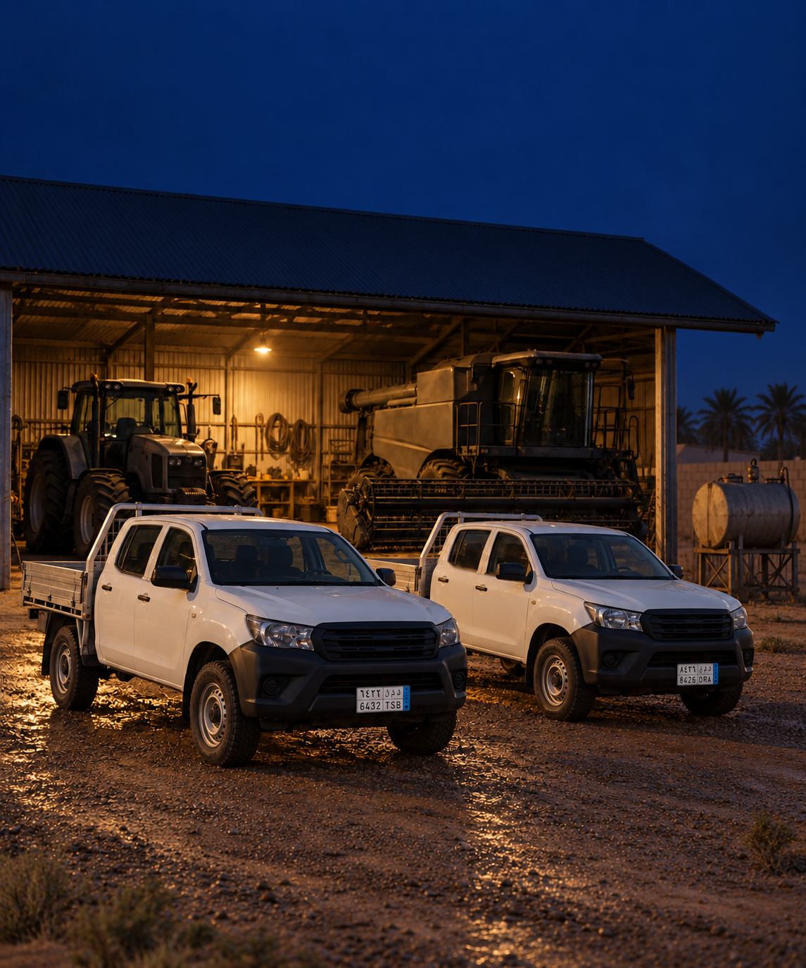 Photograph: utes and machinery outside a farm shed in early light. Warm low light, room at the top, no text in the artwork.