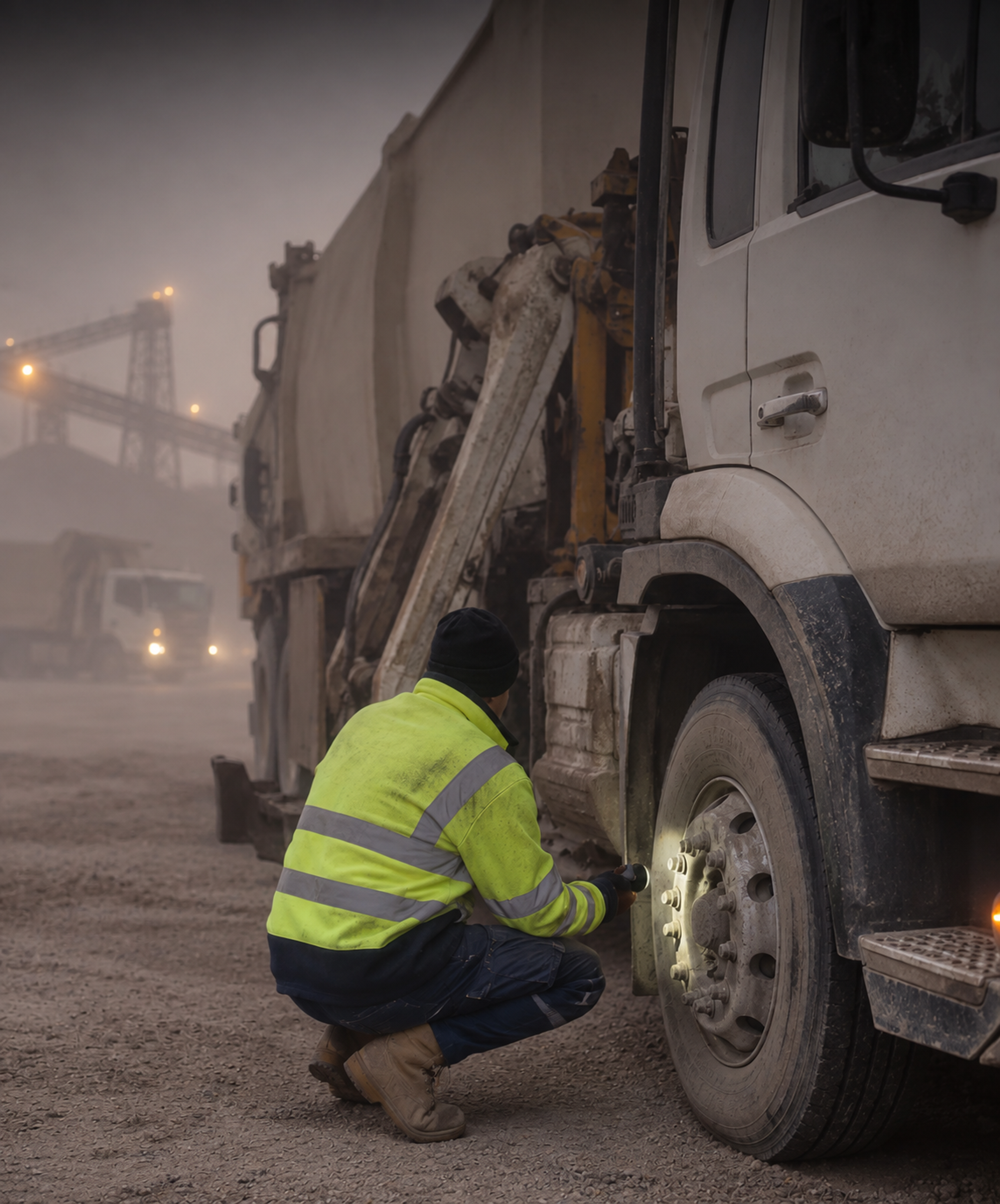 Photograph: a driver completing a pre-start check beside the vehicle at dawn. Dark and cool, room at the top, no text in the artwork.