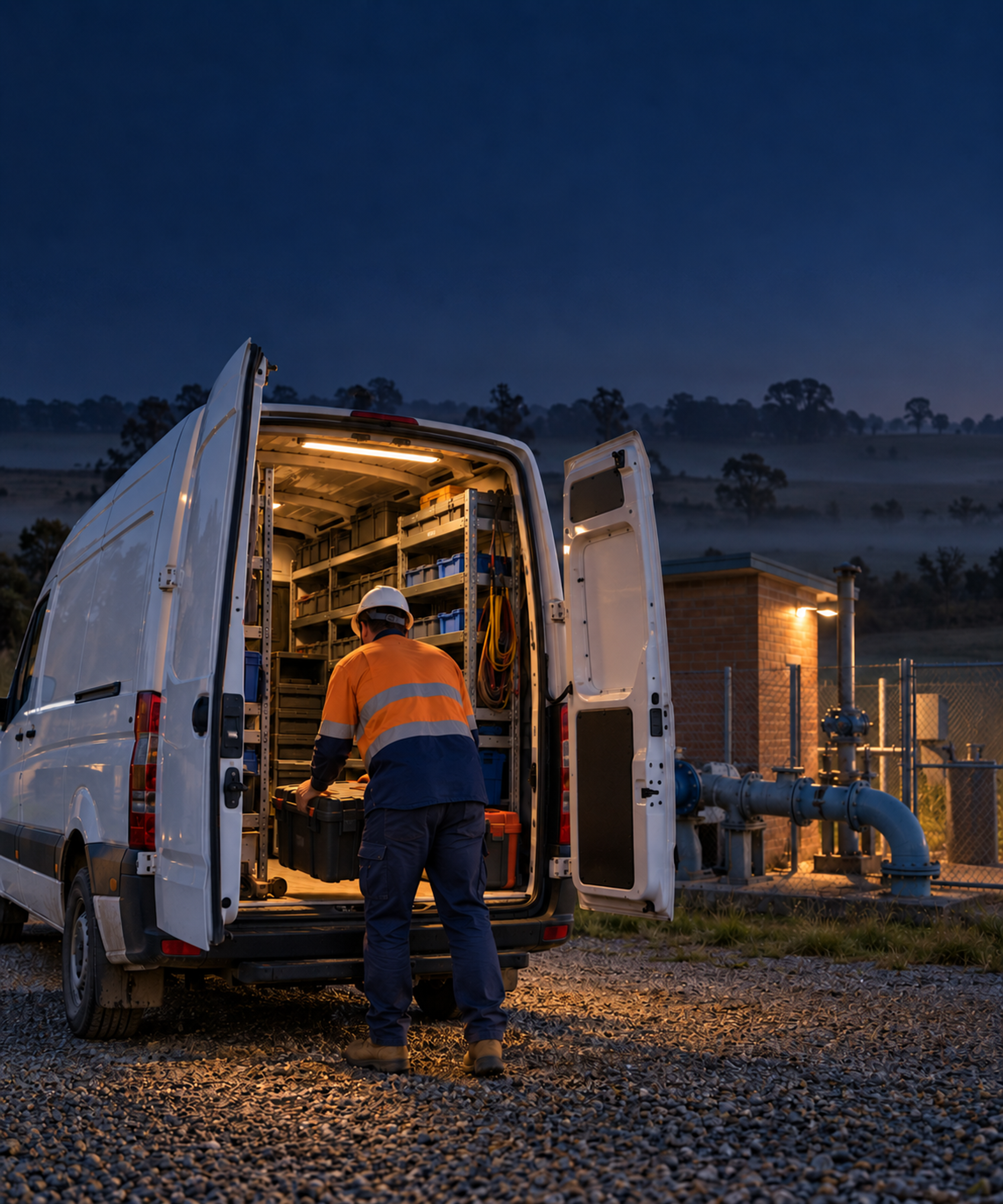 Photograph: a service van and technician at a site at first light. Dark and cool, room at the top, no text in the artwork.