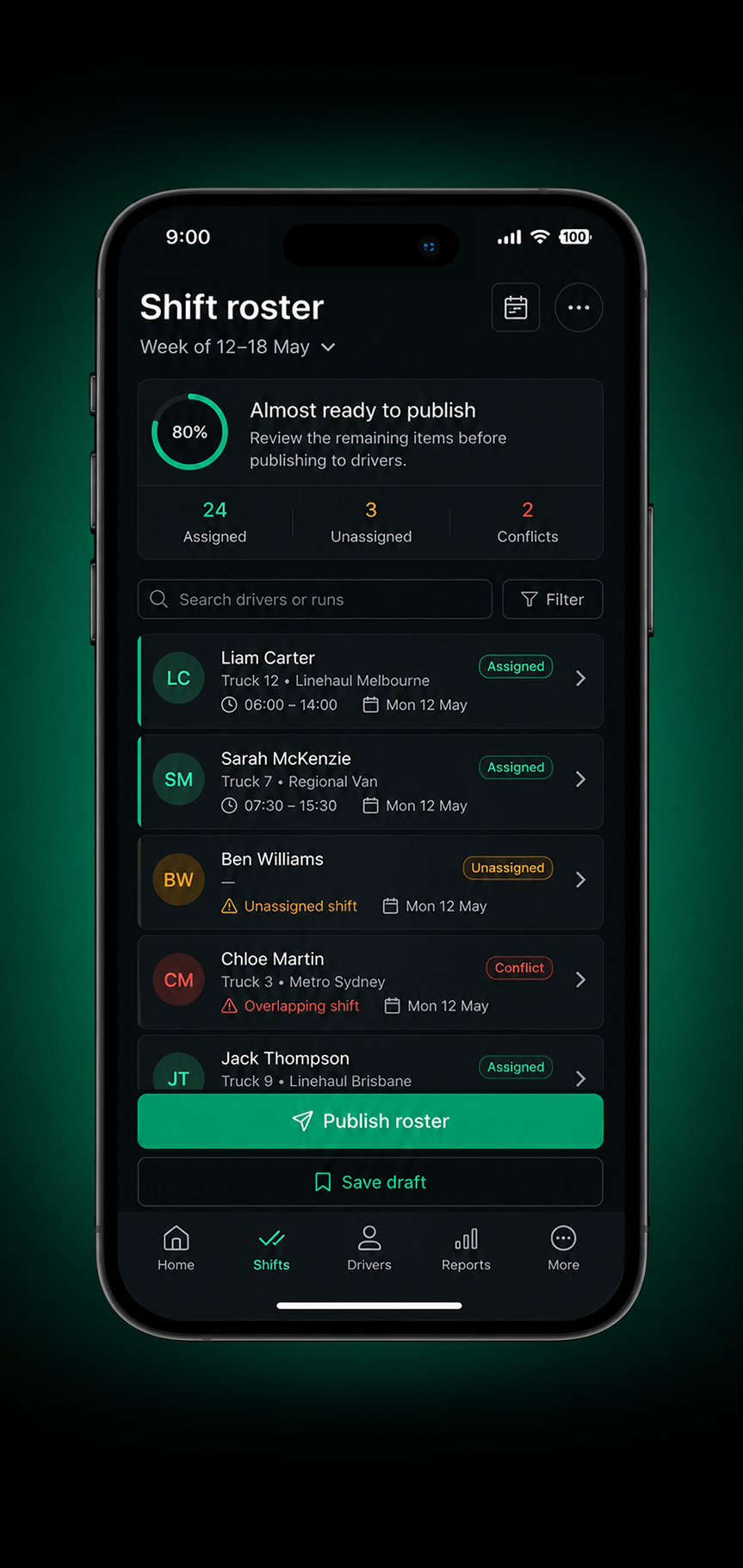 Drive360 app: new shift assigned, morning shift with route and truck