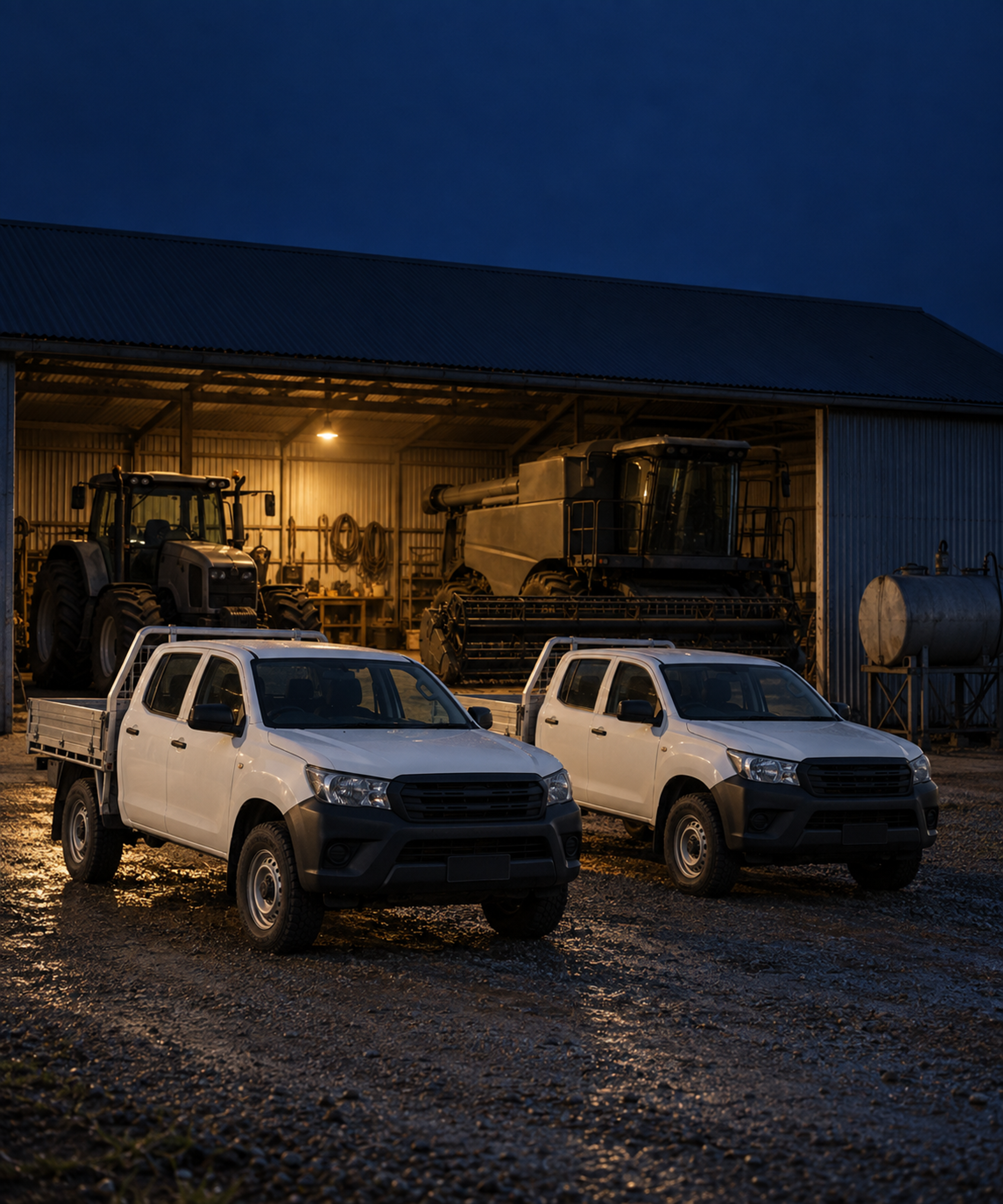Photograph: utes and machinery outside a farm shed in early light. Warm low light, room at the top, no text in the artwork.