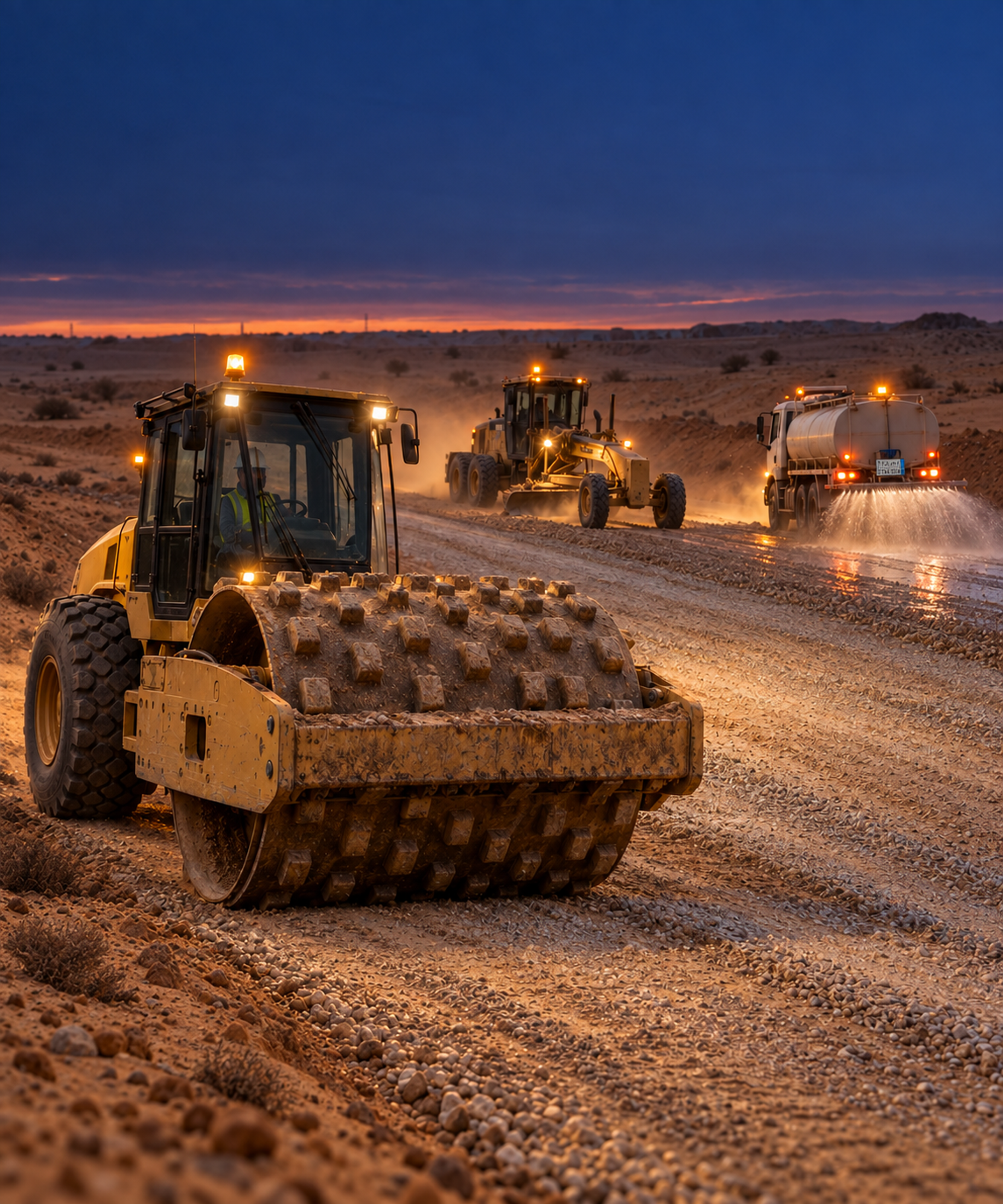Photograph: an earthworks site at dusk with plant working. Dark and cool, room at the top, no text in the artwork.