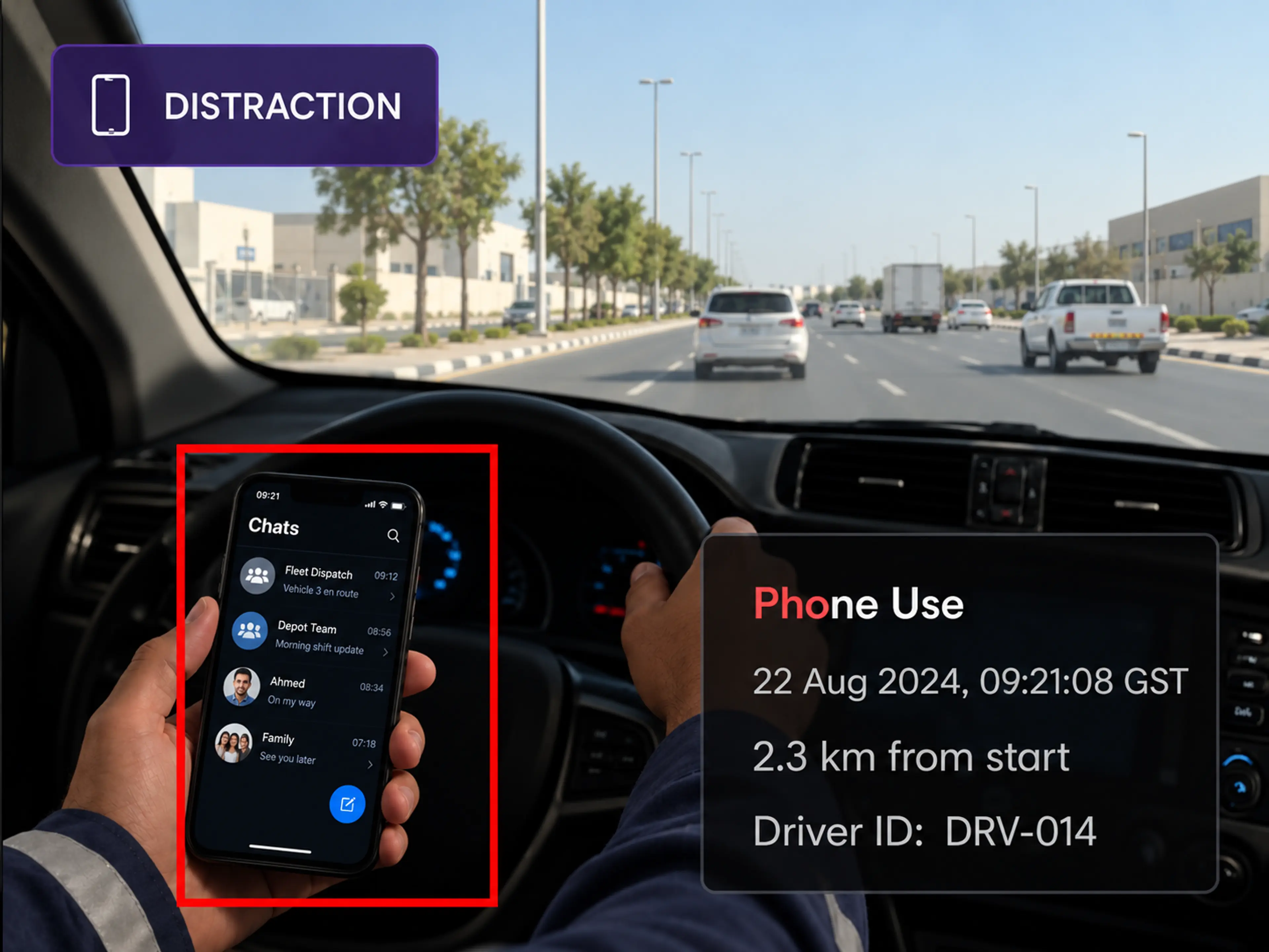 Vision360 distraction detection: a frame flagged for phone use with the event detail beside it.