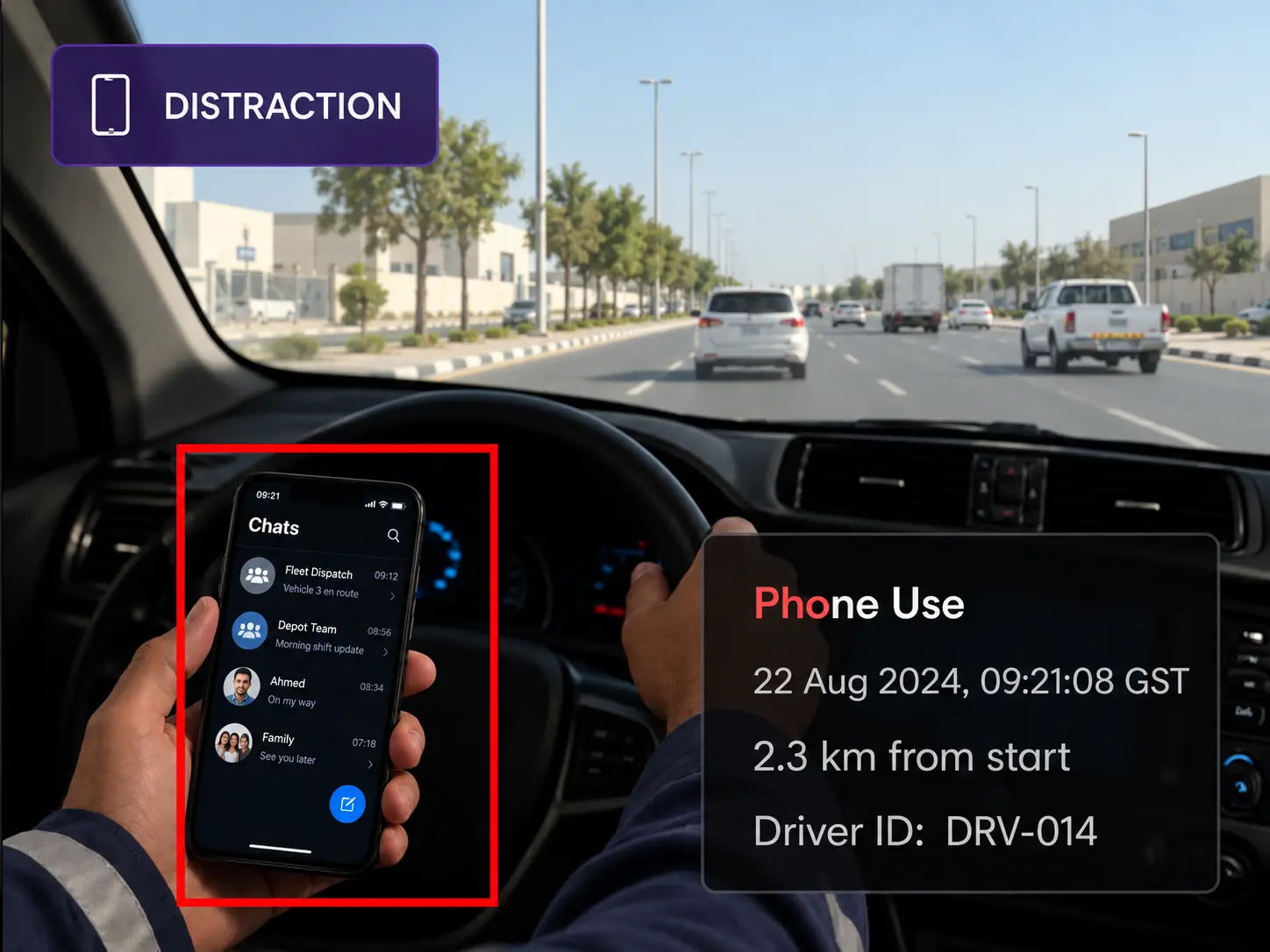 Vision360 distraction detection: a frame flagged for phone use with the event detail beside it.