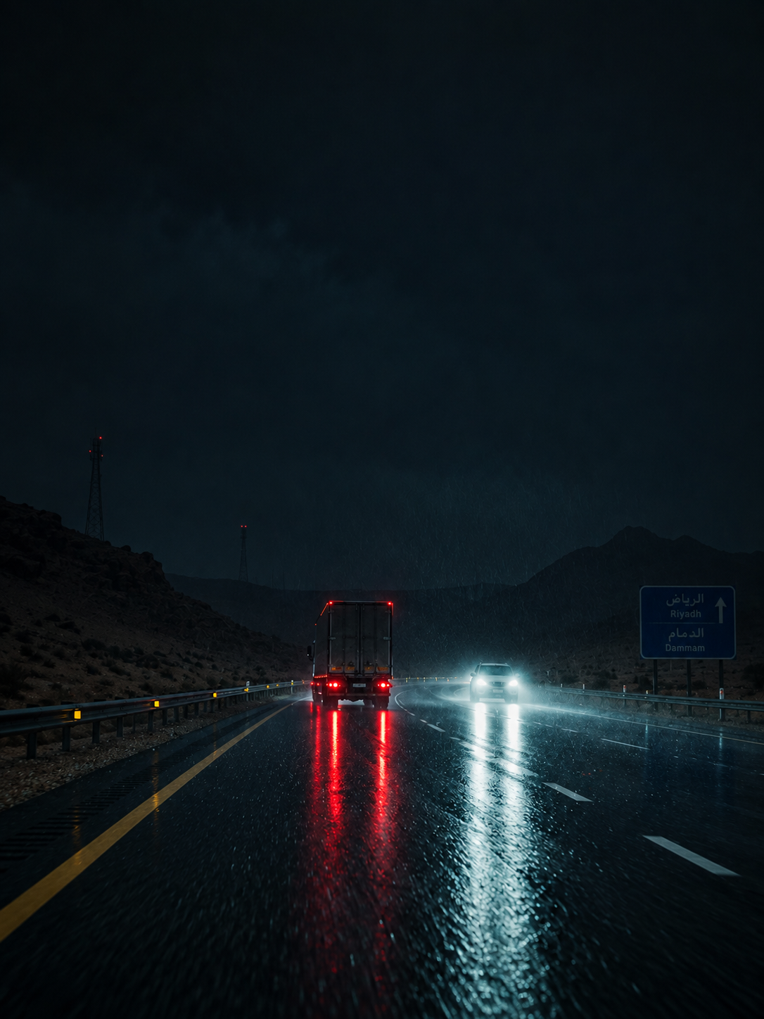 Photograph: a wet road at night with vehicle lights. Dark and cool, room at the top, no text in the artwork.