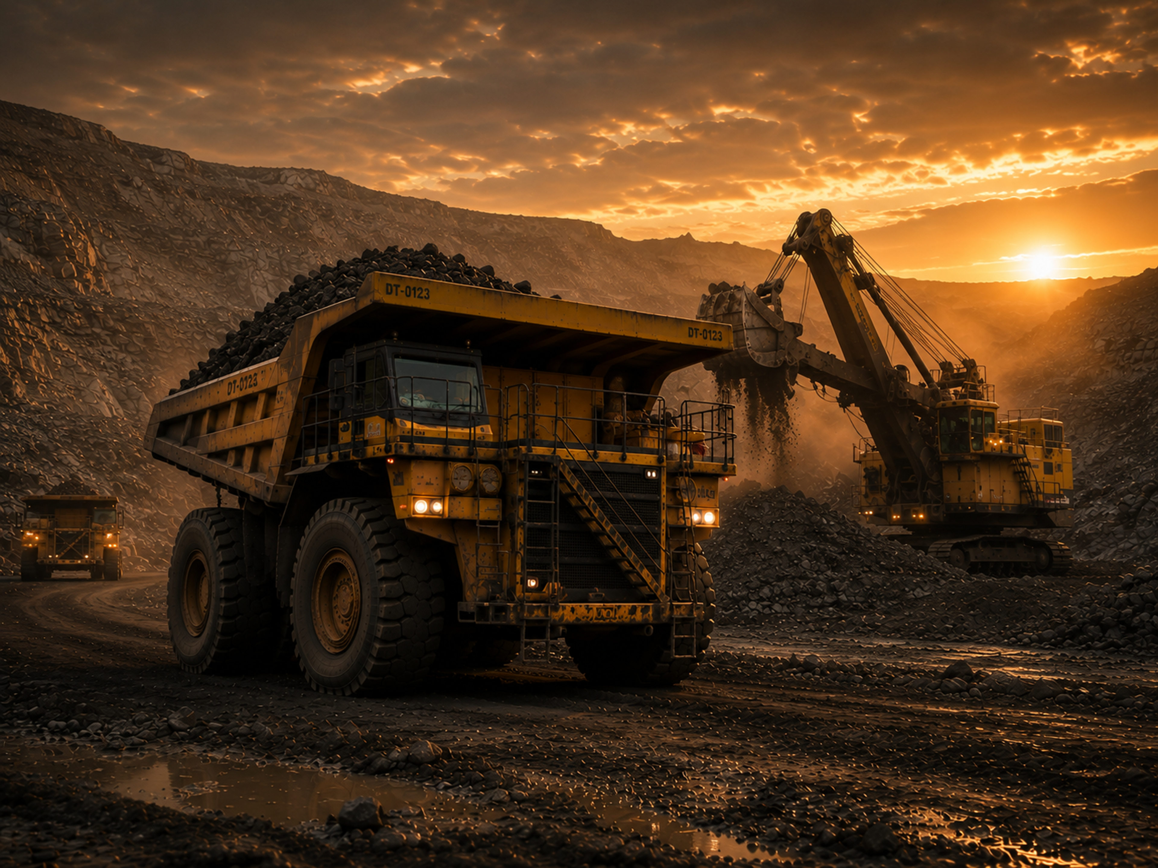 Haul truck and excavator in an open-cut mine at golden hour