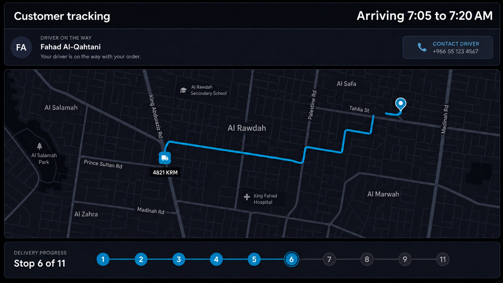 Branded customer tracking page: estimated arrival window, driver on the way card, the route on a map and the stop progress bar. 16:9.