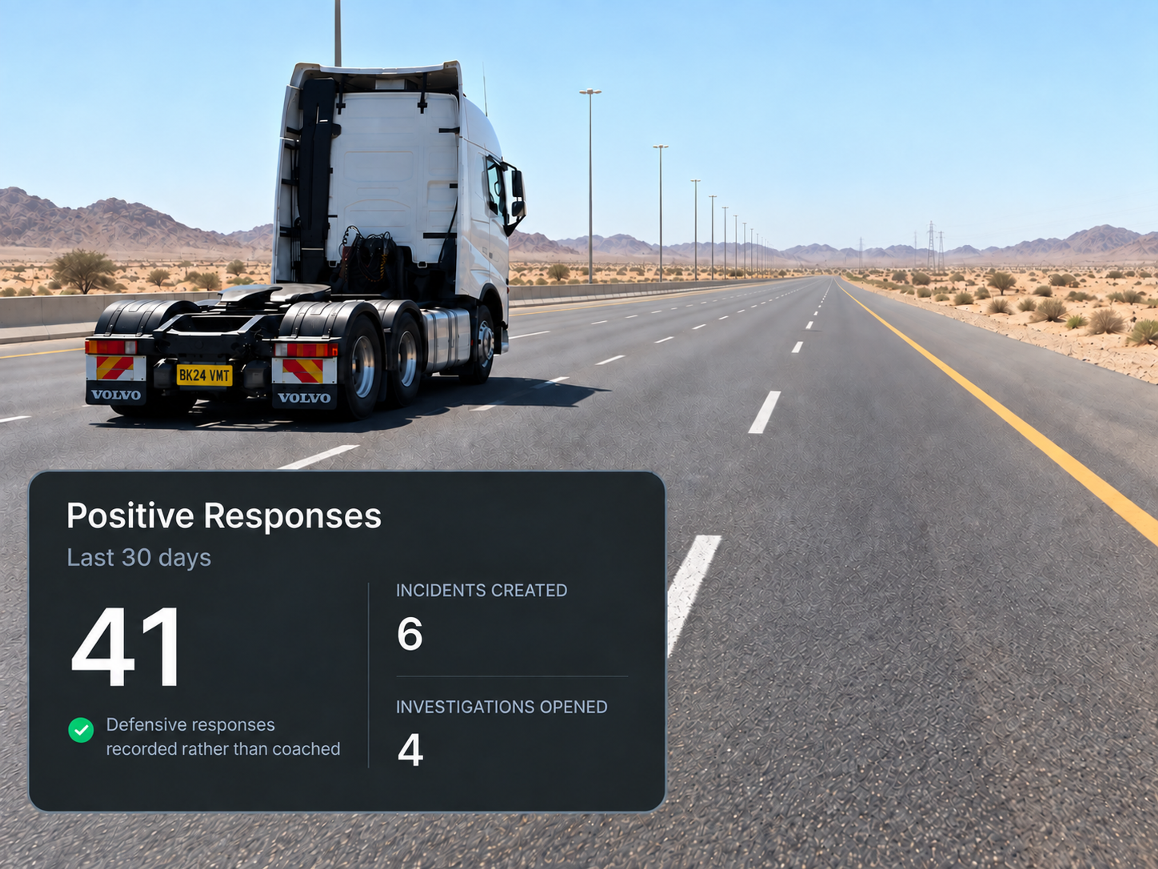 Positive driver response panel beside the incidents created and investigations opened counters. 4:3, dark UI.