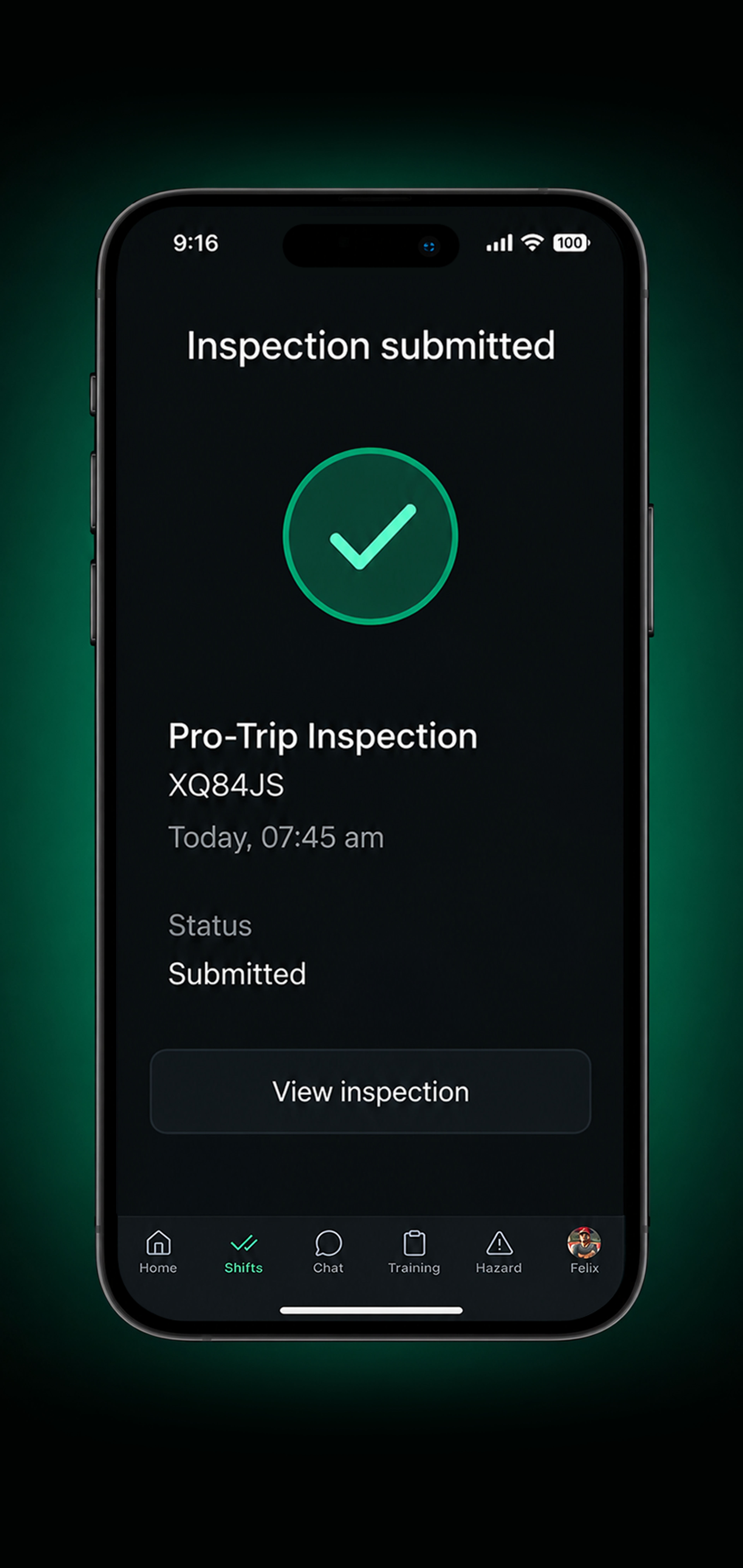 Drive360 app: review and sign screen with odometer, driver notes and signature