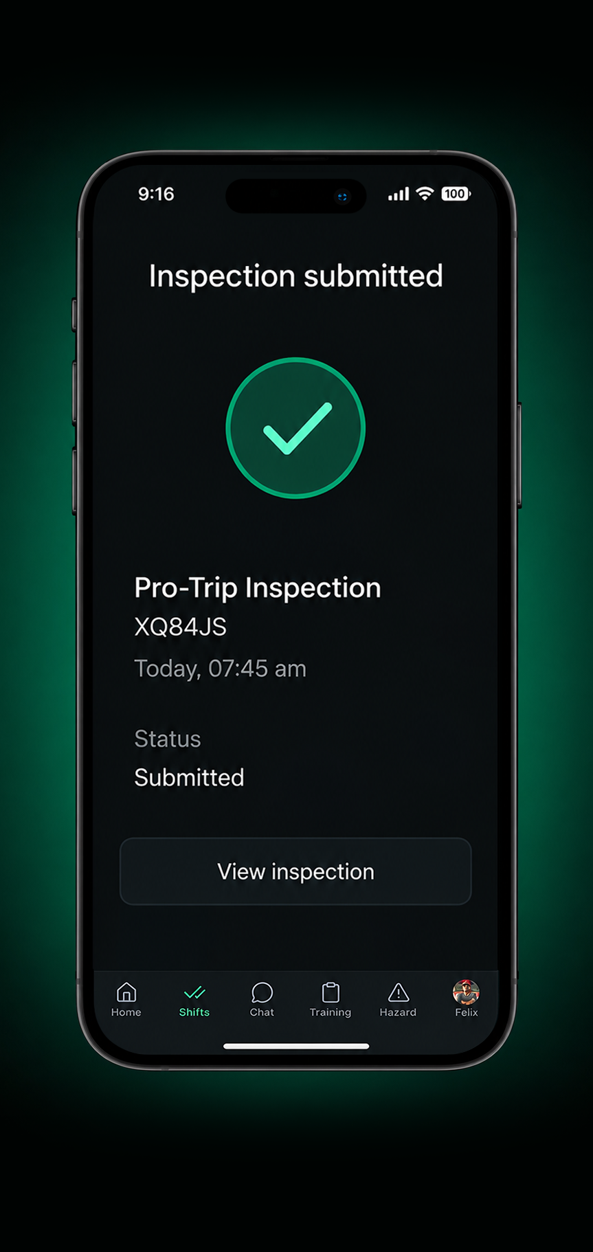 Drive360 app: review and sign screen with odometer, driver notes and signature