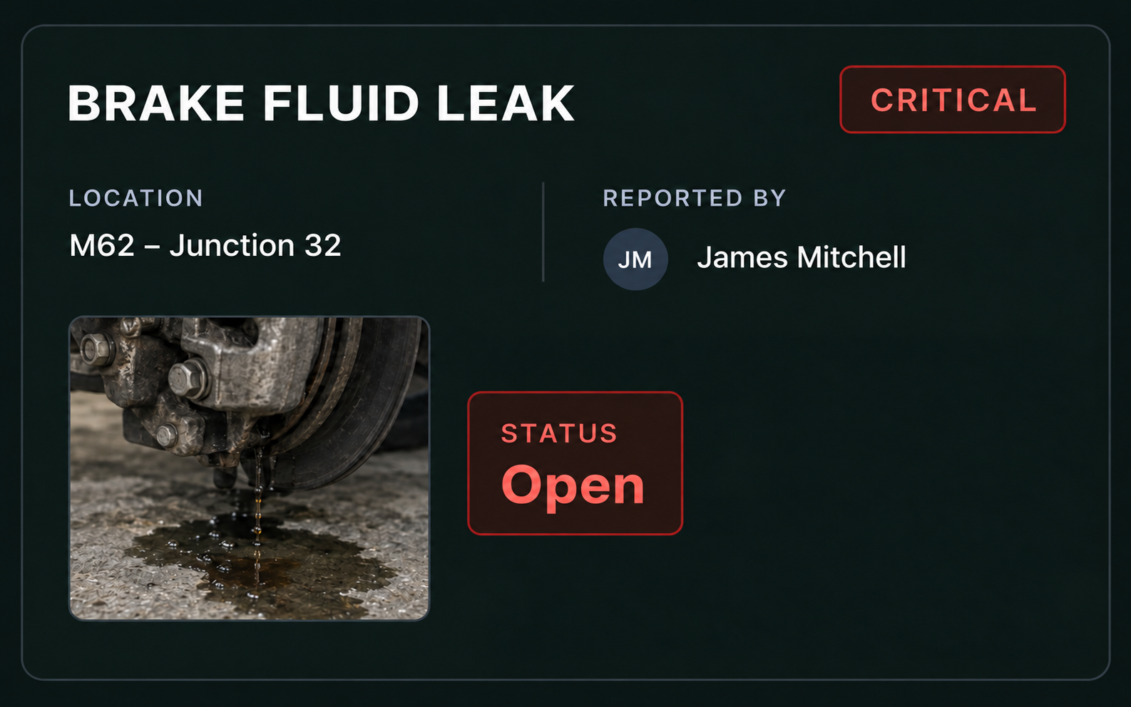 Drive360 defect card: brake fluid leak, severity critical, location front, reported by the driver, with a photo