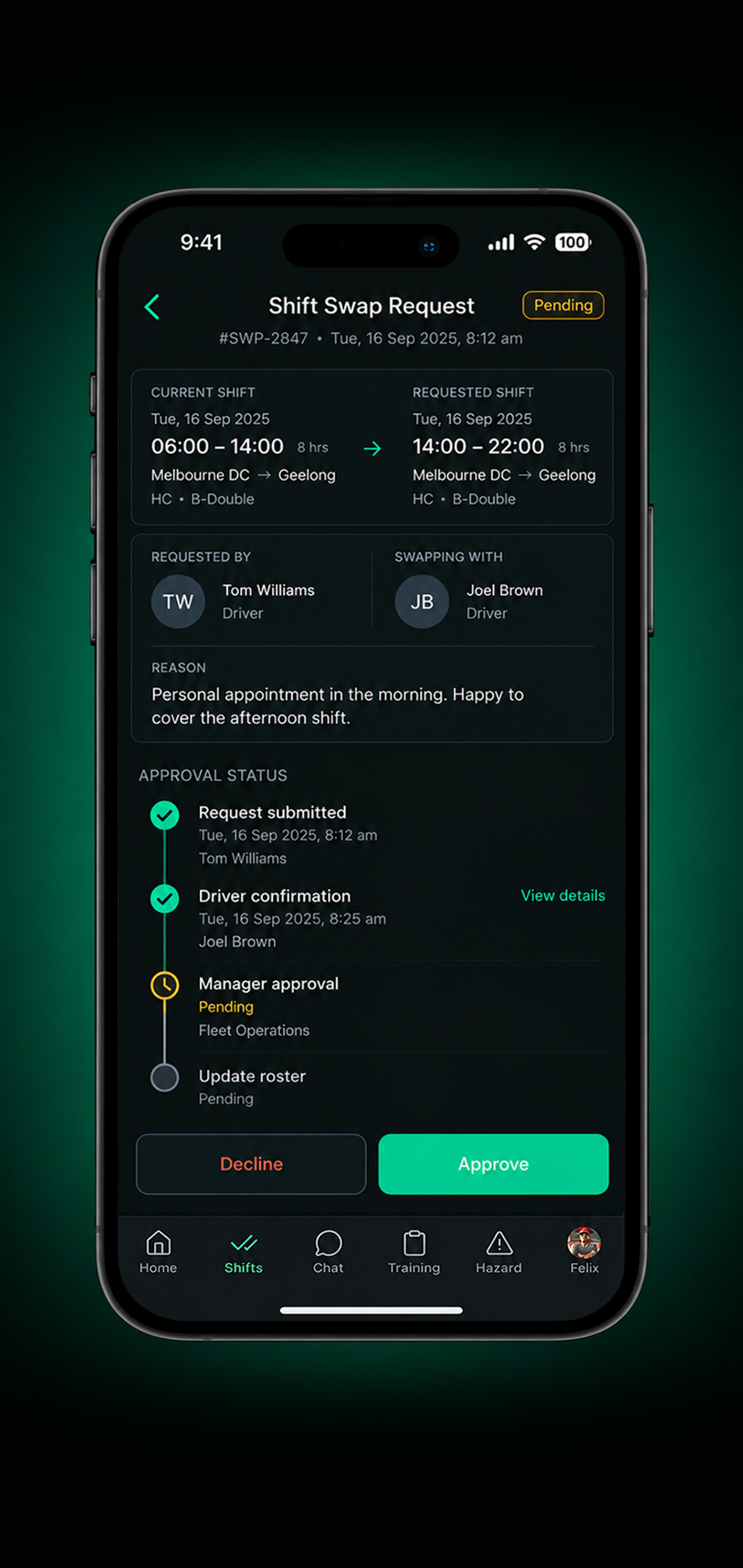 Drive360 app: swap approved, showing the driver change