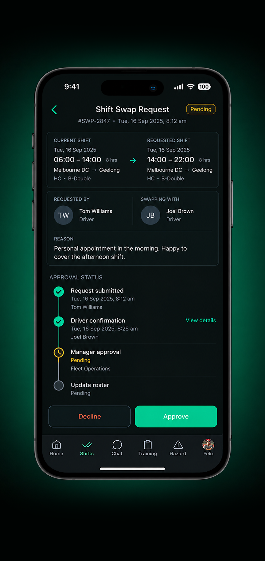 Drive360 app: swap approved, showing the driver change