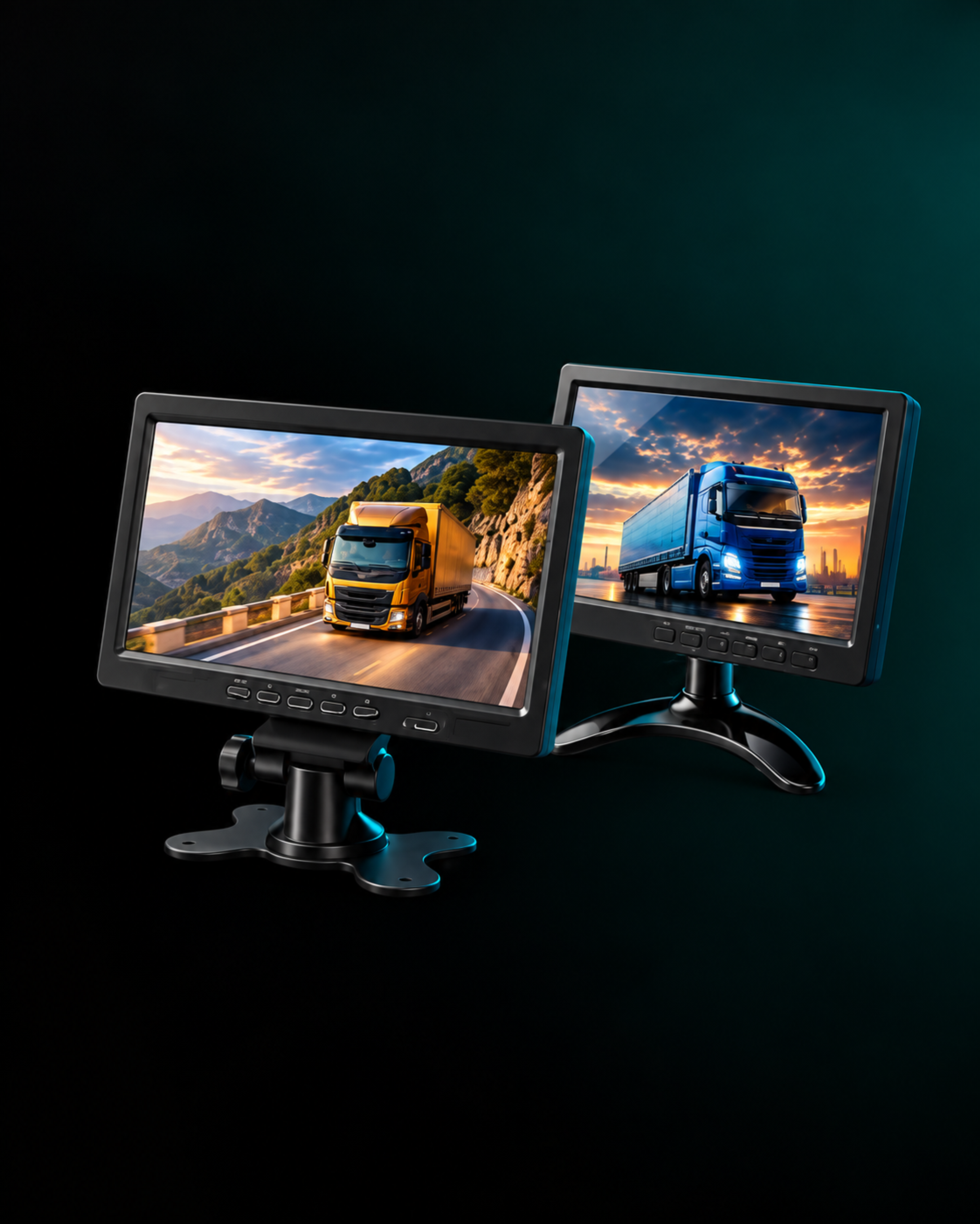 In-cab display on a plain light ground, three-quarter view, product centred with air around it.