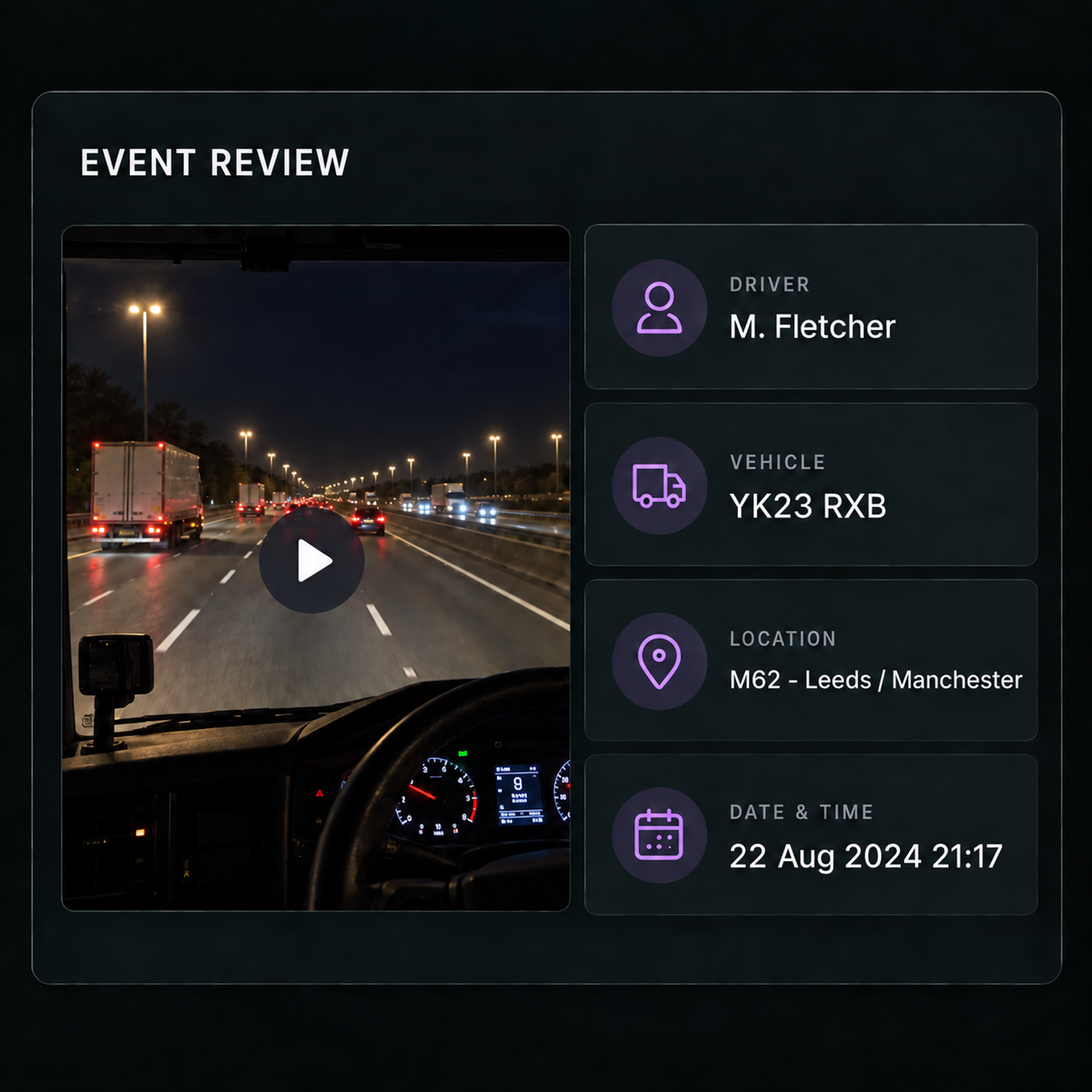 Event review: the clip with the driver, vehicle and location record beside it.