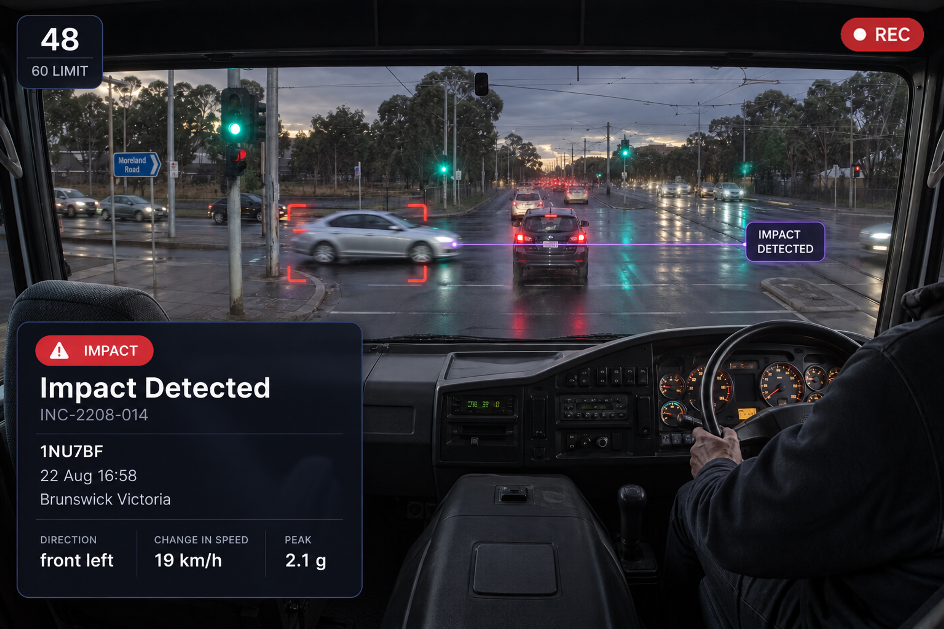 Vision360 impact event: the impact detected header with its incident reference, road-facing video at the impact moment with the scrubber running from thirty seconds before to sixty after, the synchronised camera strip across front, driver, left, right, rear and cabin, and the incident summary and impact metrics panel. 4:3, dark UI, 2000x1500.