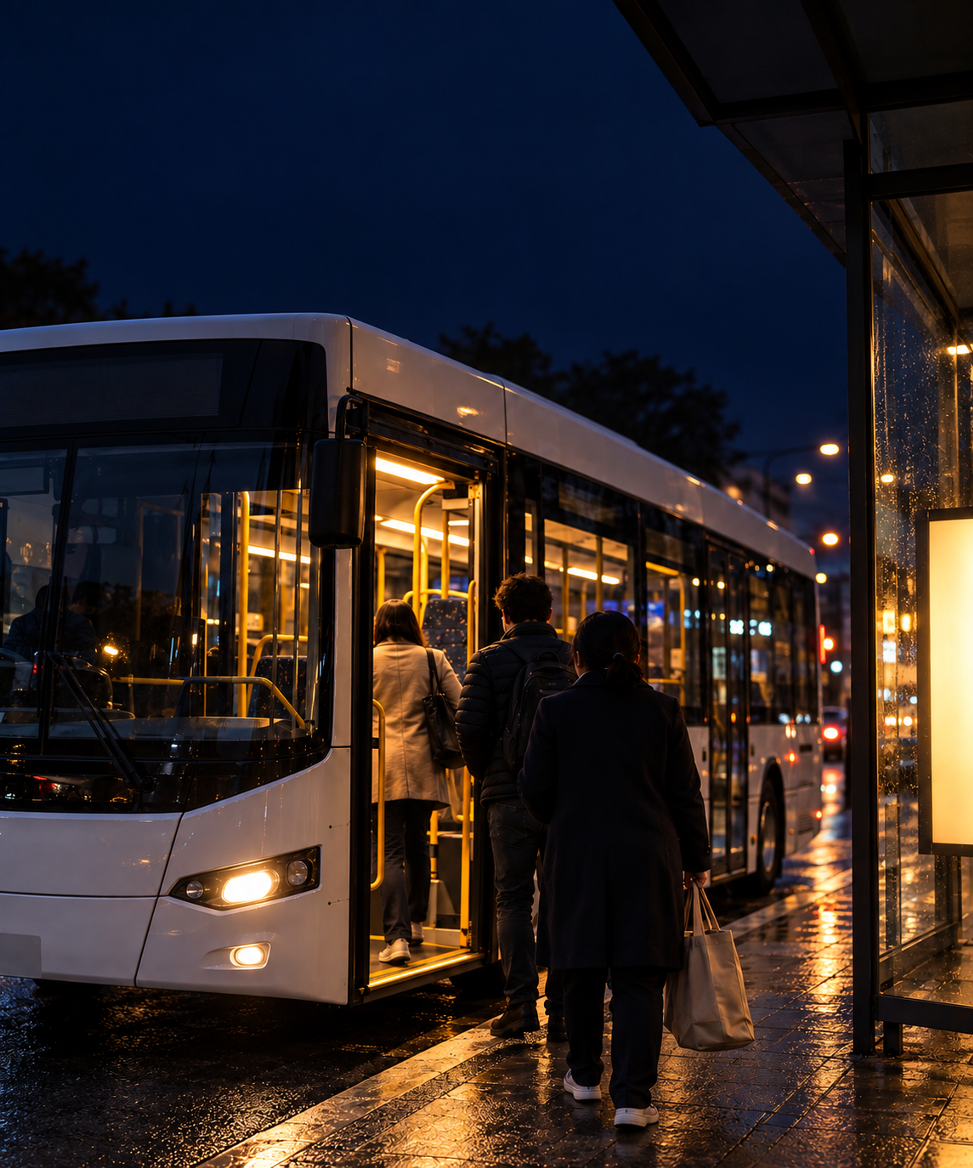 Photograph: a city bus at a stop at dusk, passengers boarding. Dark and cool, room at the top, no text in the artwork.