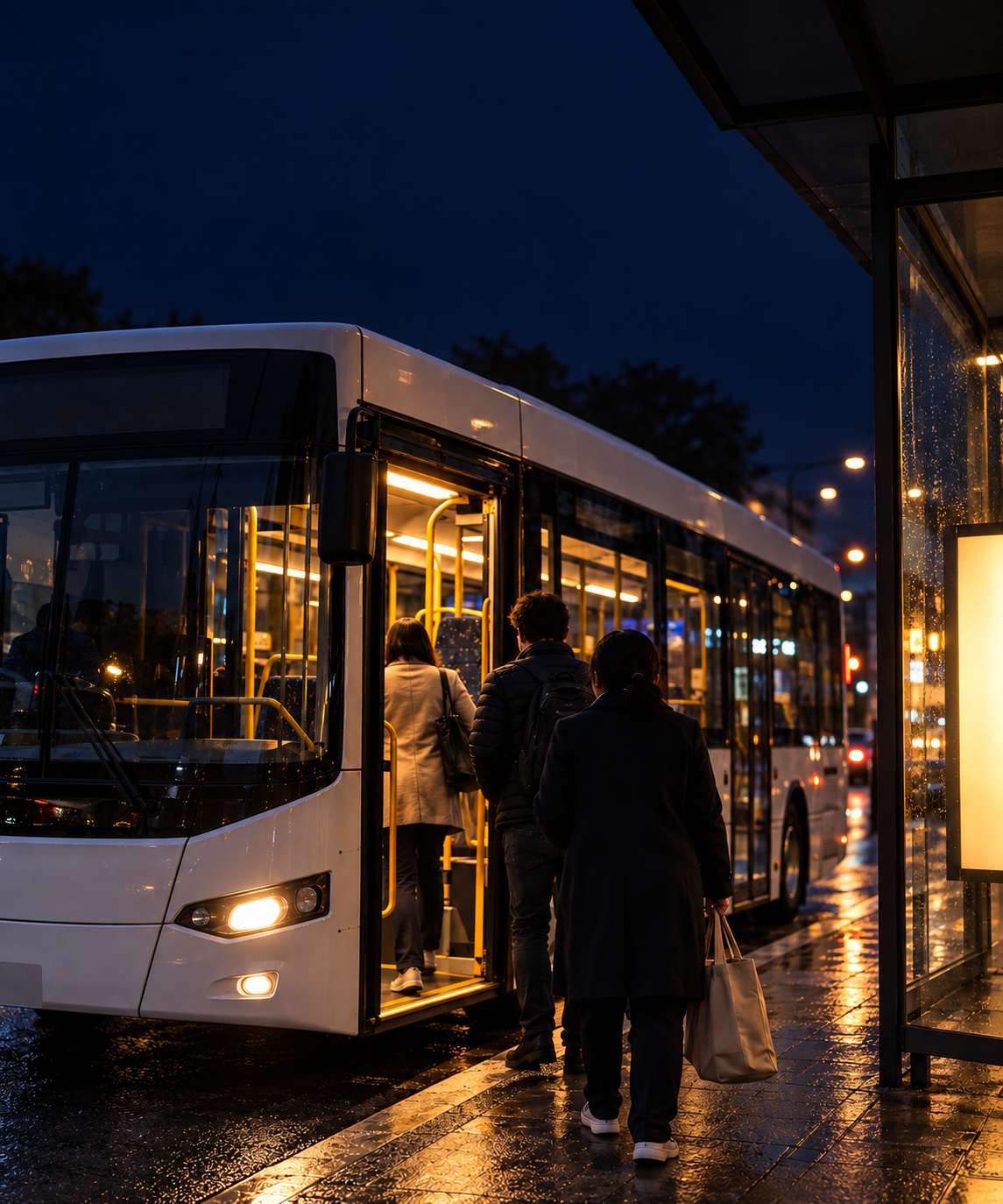 Photograph: a city bus at a stop at dusk, passengers boarding. Dark and cool, room at the top, no text in the artwork.
