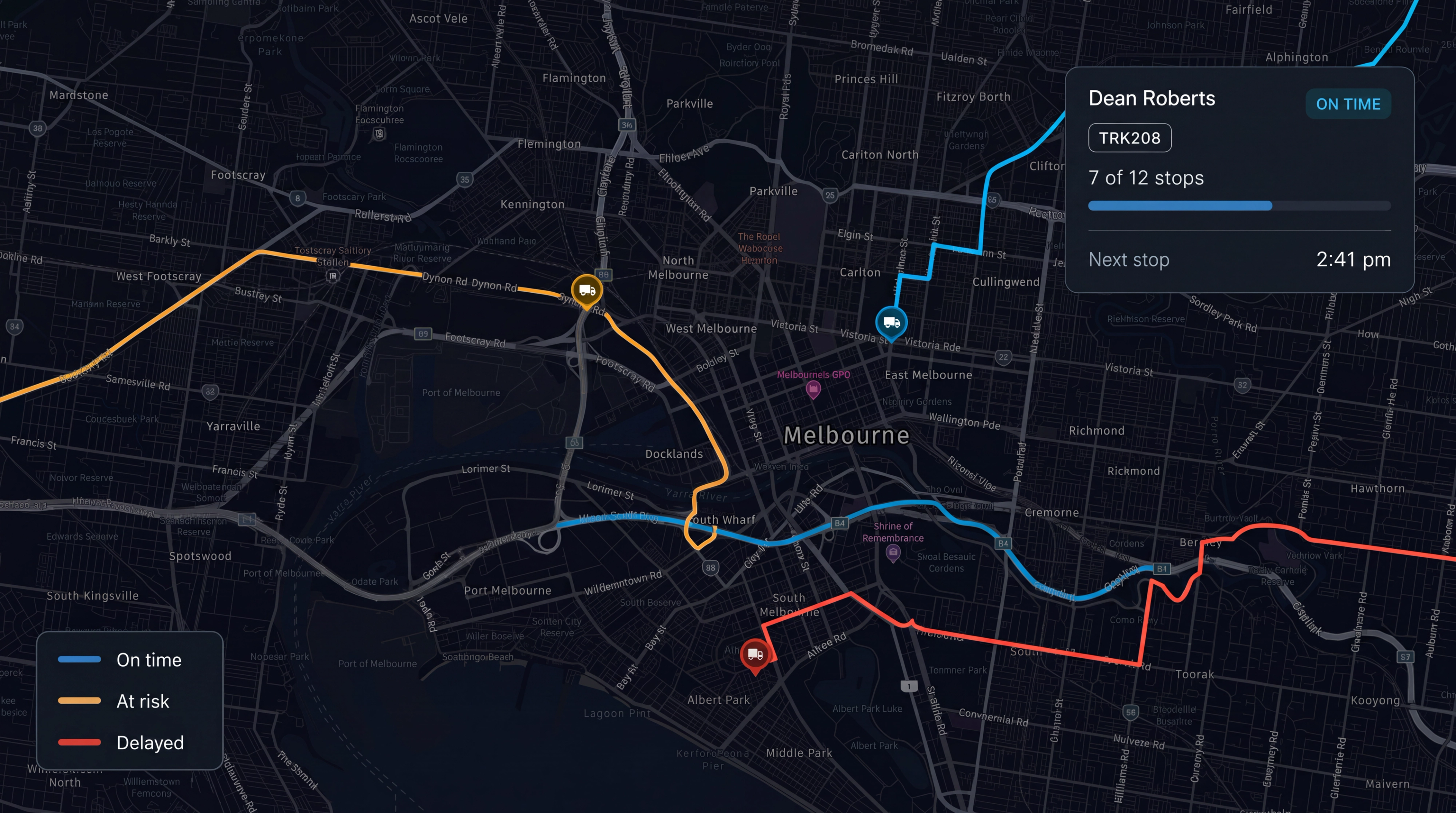 Live map: colour-coded routes with driver pins, a driver card open showing progress and next stop, and the status legend. 16:9, dark UI.