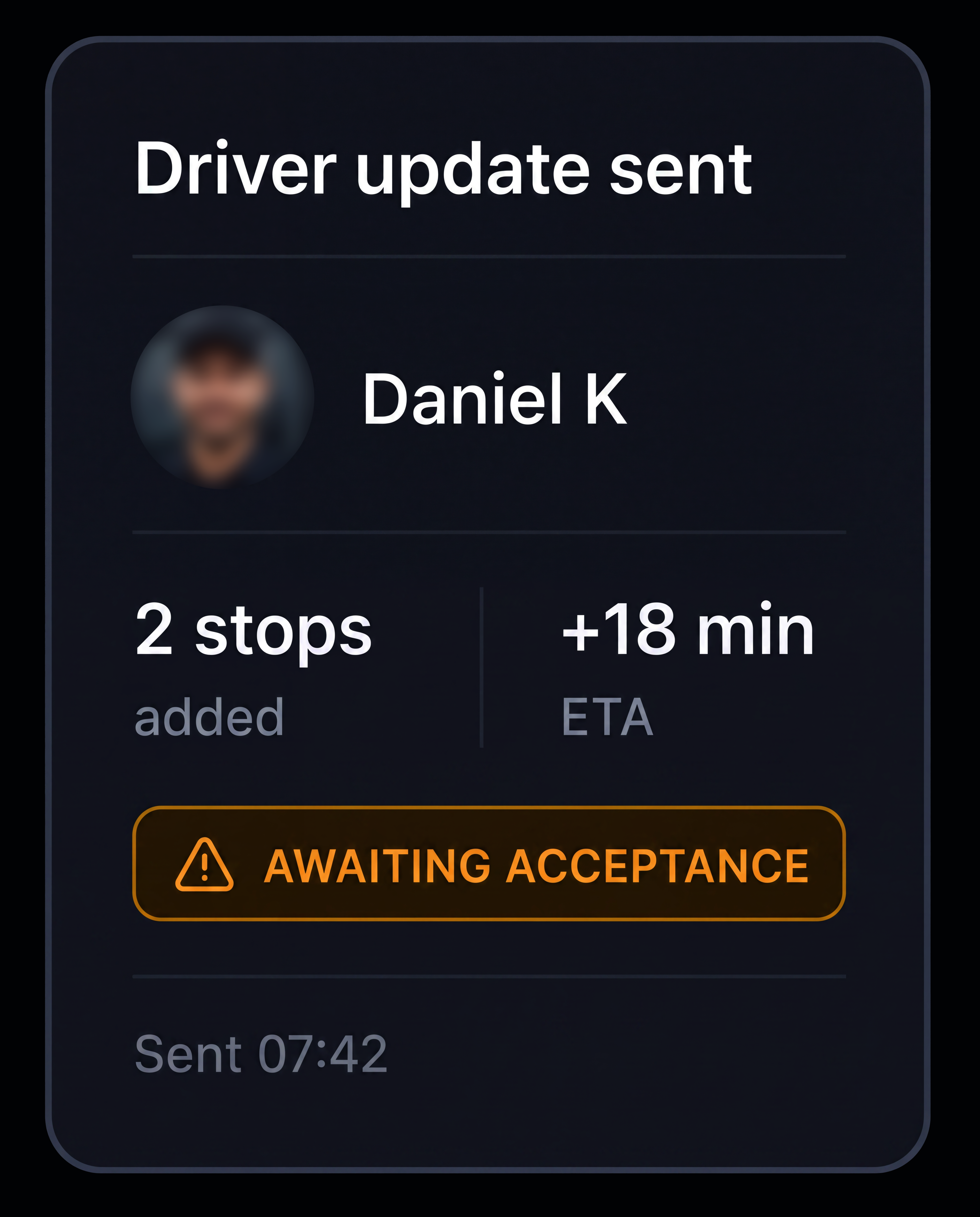 Driver update sent, awaiting acceptance. 4:3, dark UI.