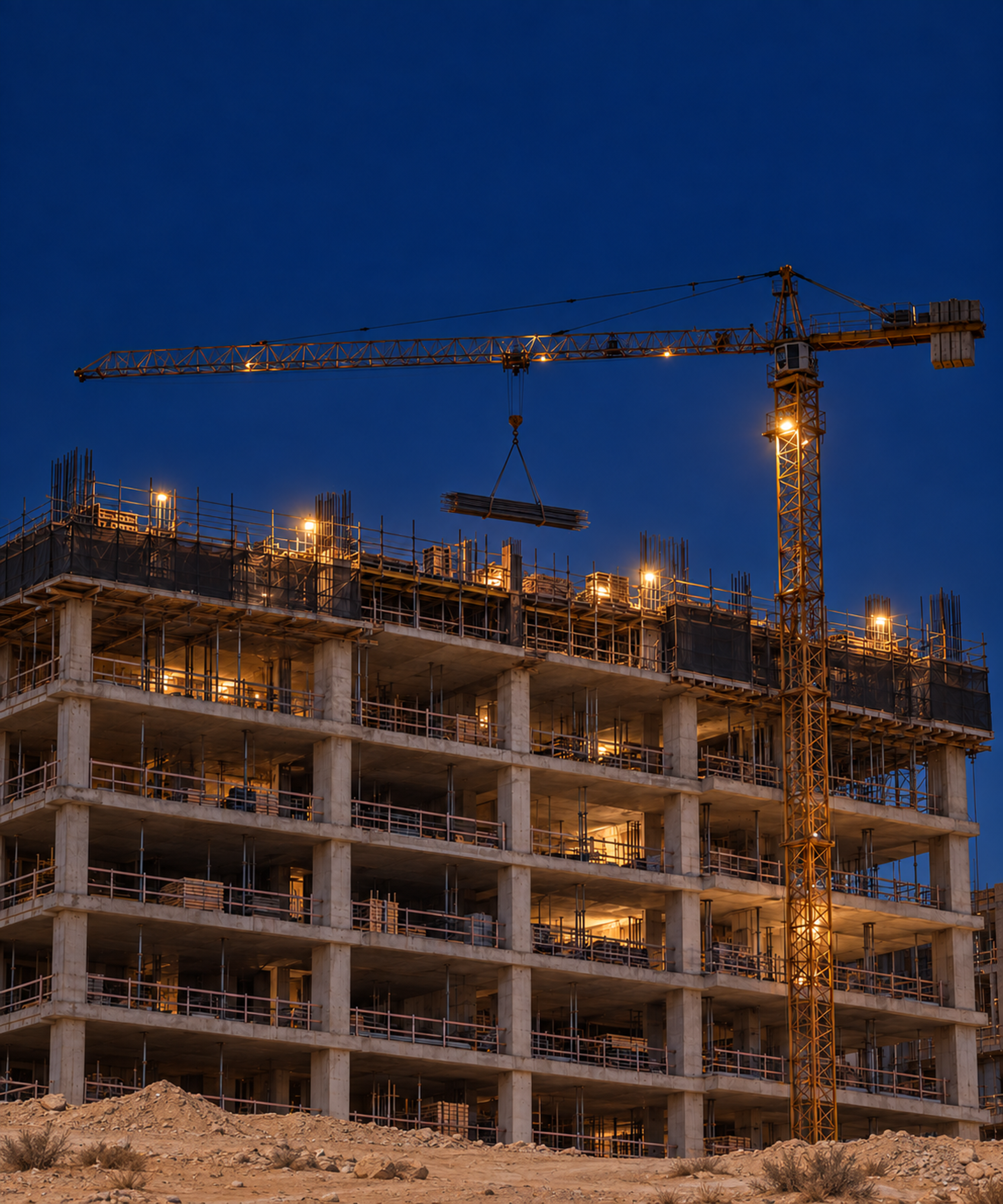 Photograph: a tower crane over a structure at dusk. Dark and cool, room at the top, no text in the artwork.