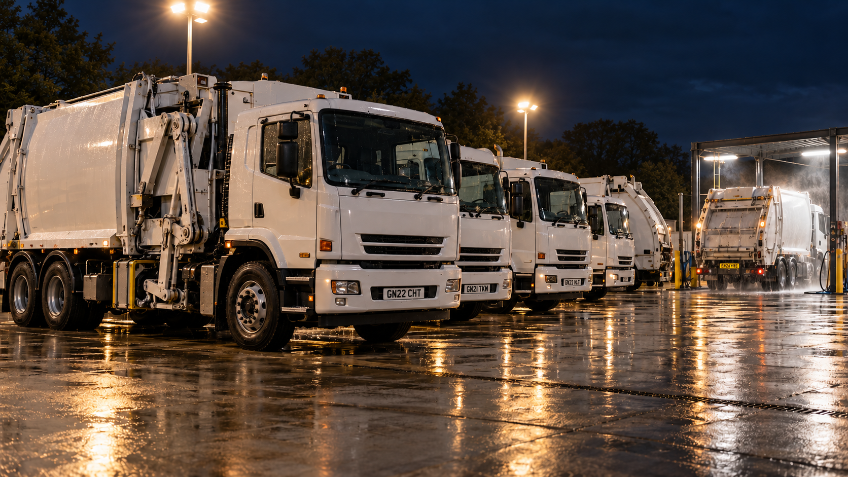 Editorial image: a depot yard at night with collection vehicles. No text in the artwork.