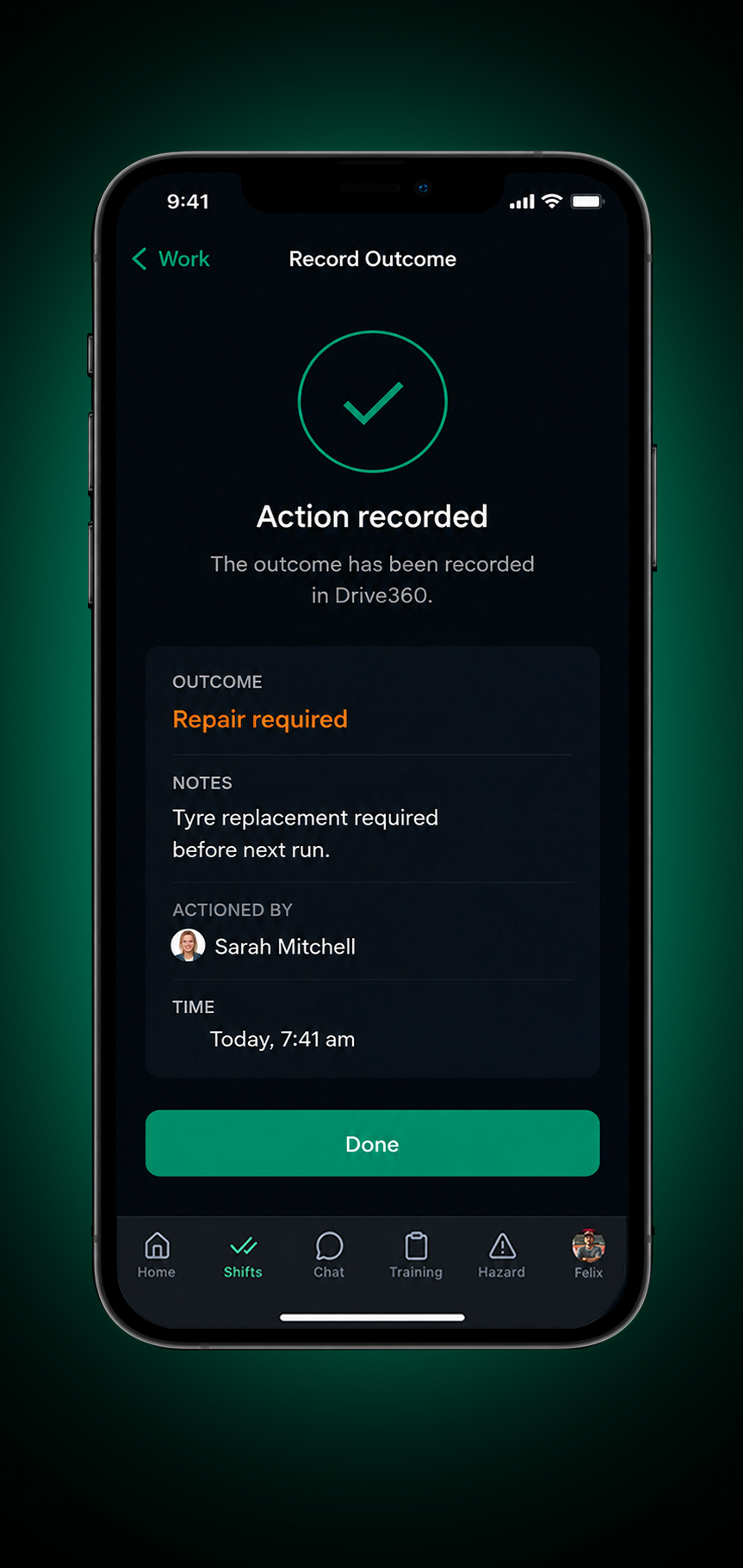 Drive360 EWD app: record submitted confirmation