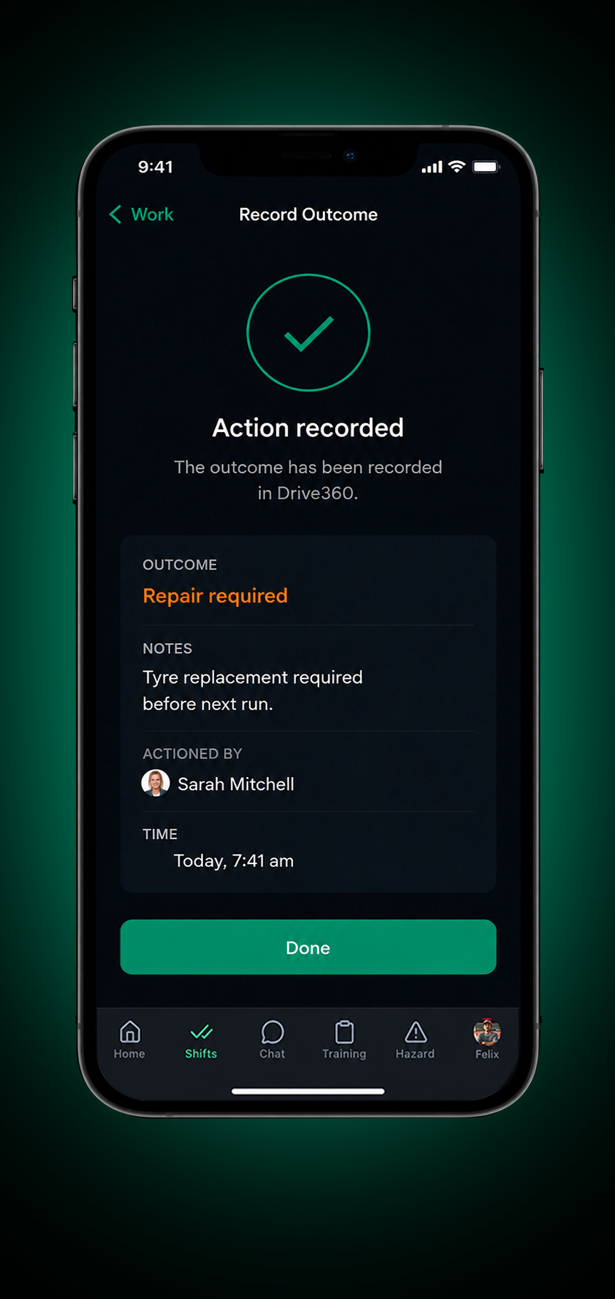 Drive360 EWD app: record submitted confirmation