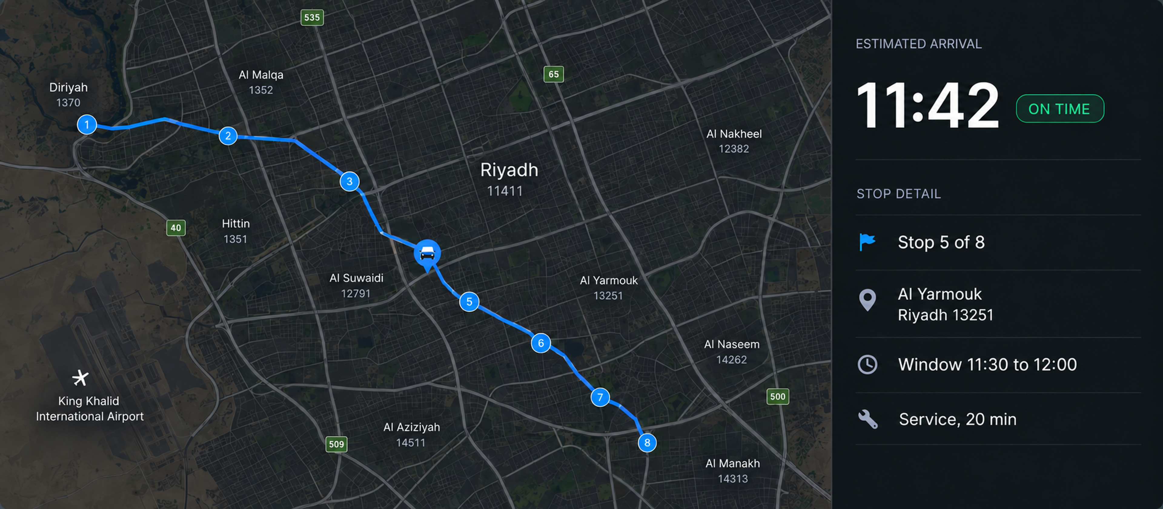 The live tracking view: the route on a map with the vehicle in progress, the estimated arrival and on-time state, and the stop detail beneath.