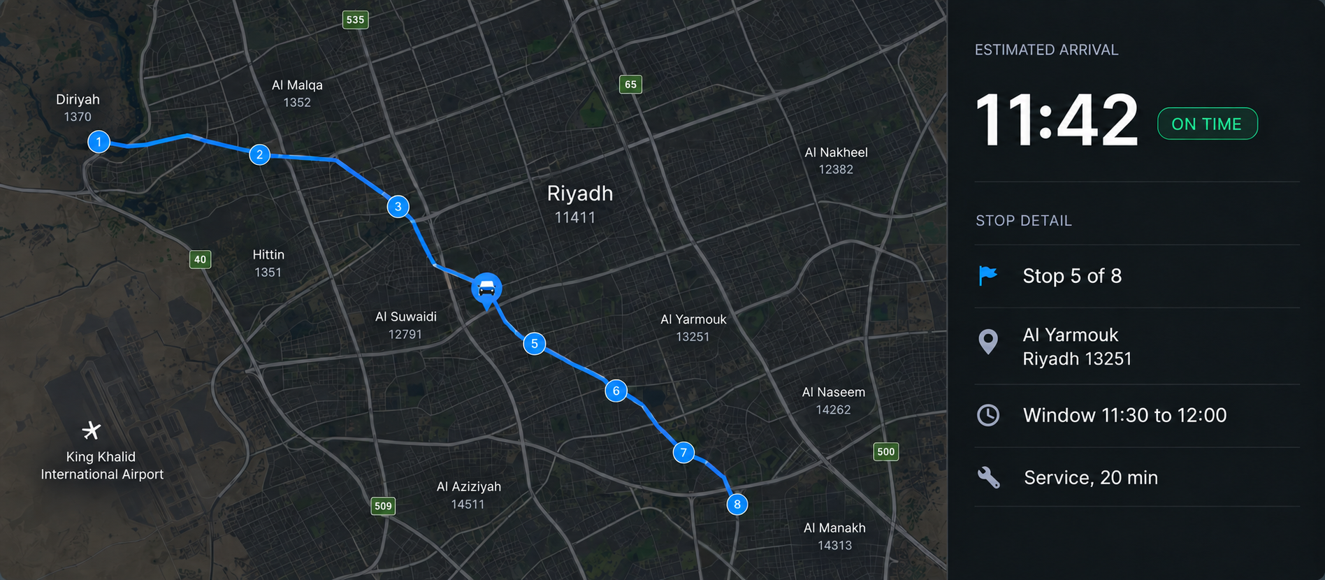 The live tracking view: the route on a map with the vehicle in progress, the estimated arrival and on-time state, and the stop detail beneath.