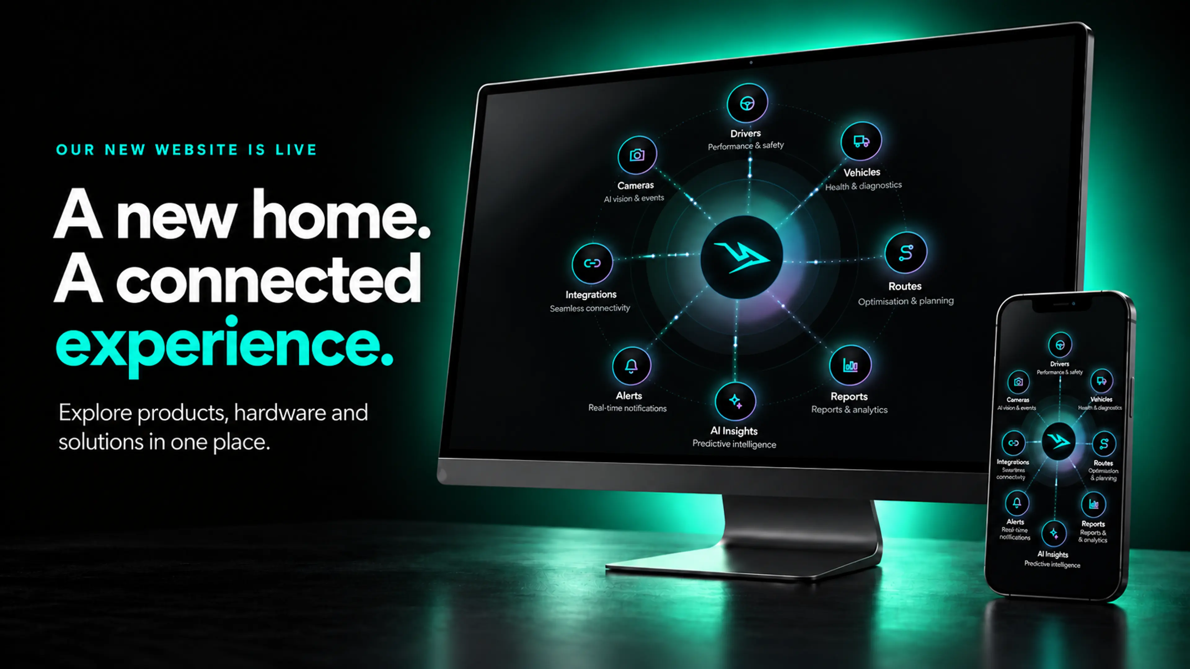 Our new website is live. A new home, a connected experience: the Saphyroo platform on a desktop and a phone, linking drivers, vehicles, cameras, routes, alerts, reports and AI insights