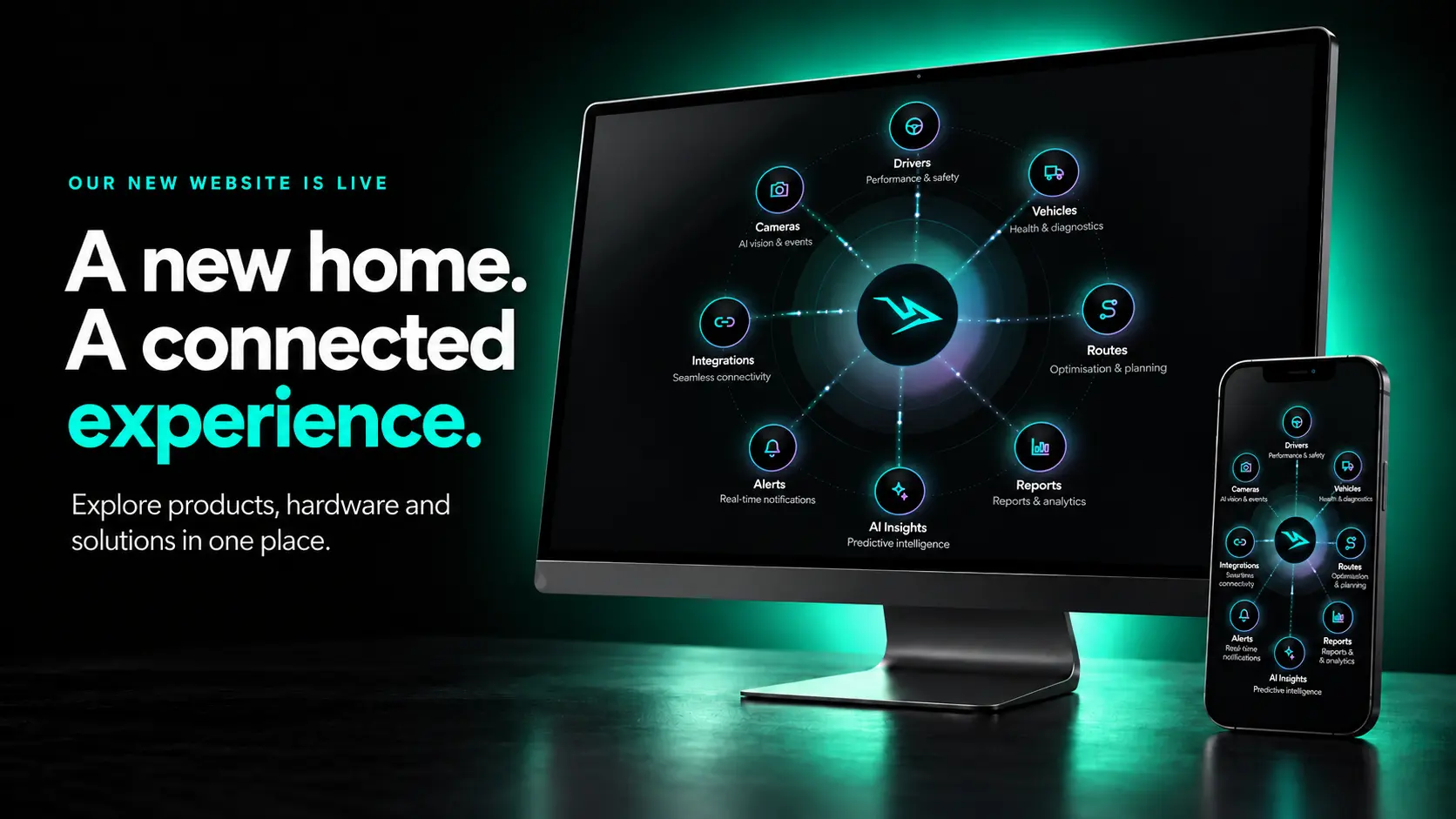 Our new website is live. A new home, a connected experience: the Saphyroo platform on a desktop and a phone, linking drivers, vehicles, cameras, routes, alerts, reports and AI insights