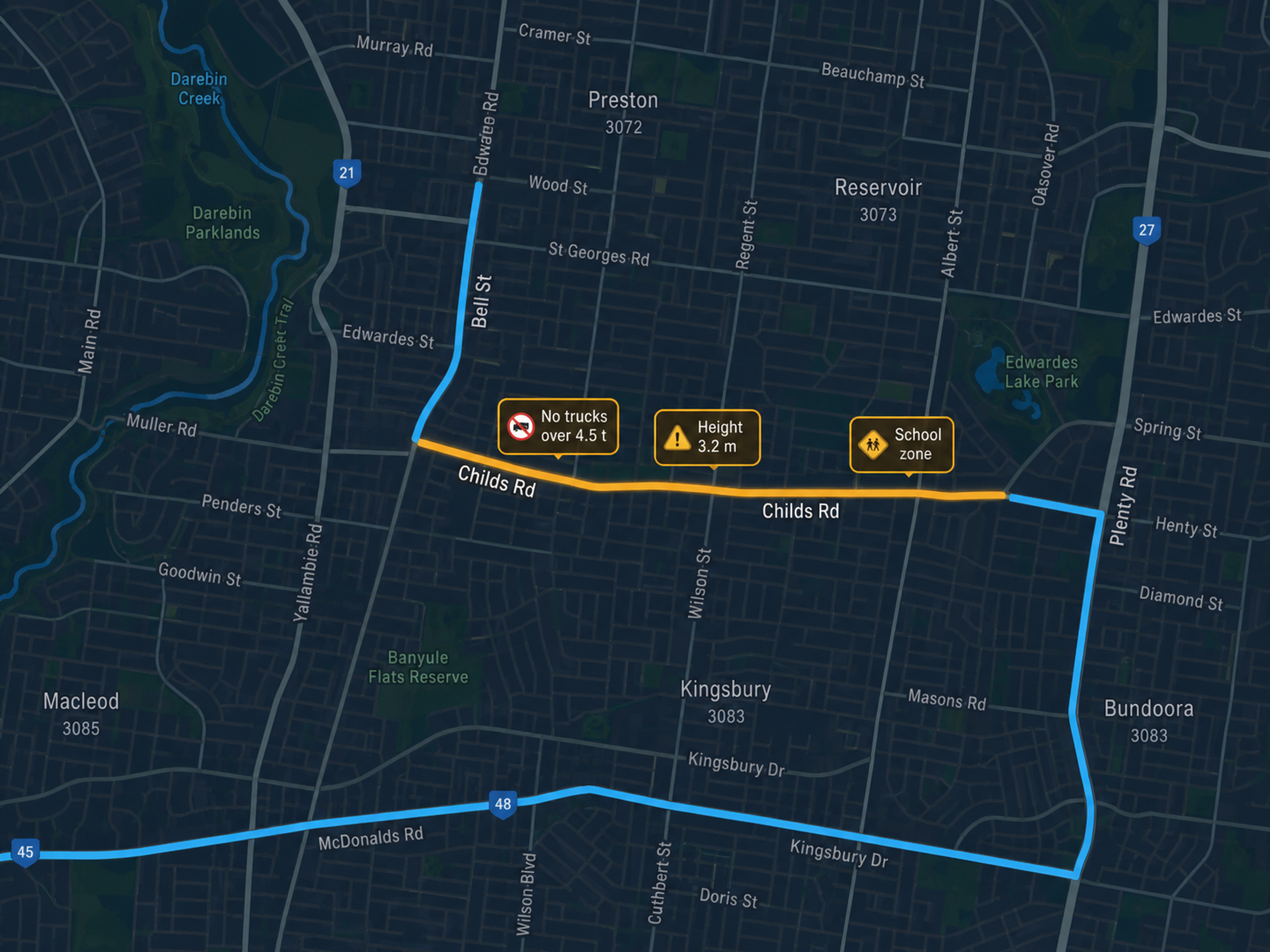 Access restriction indicators on a route segment. 4:3.
