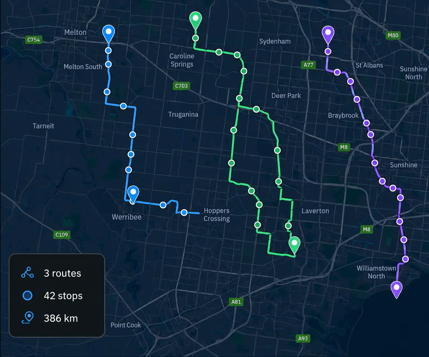 Route360 planning map: three optimised routes drawn in their own colours across a city.