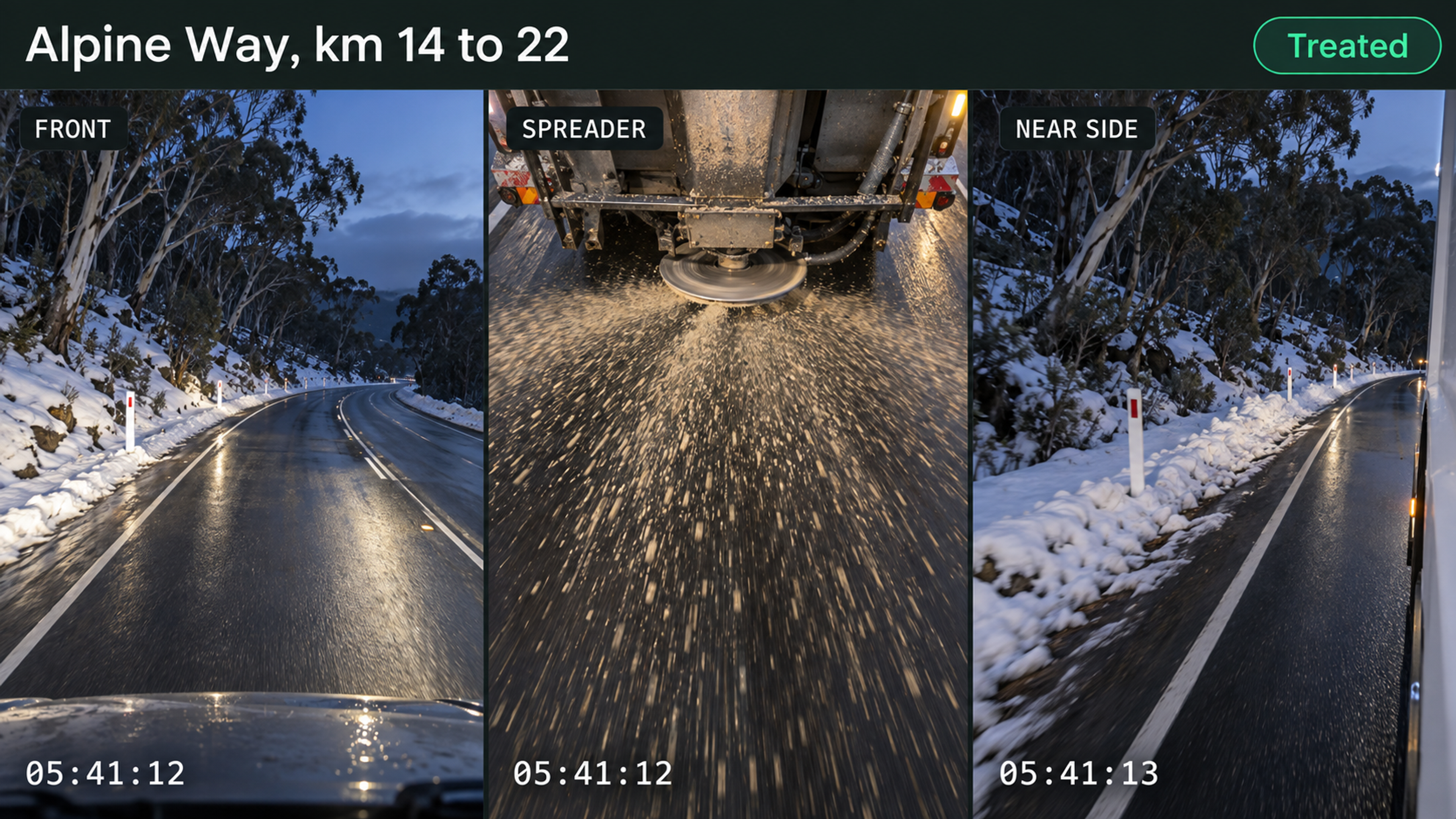 Service verification: front road, spreader and near-side camera views with timestamps.