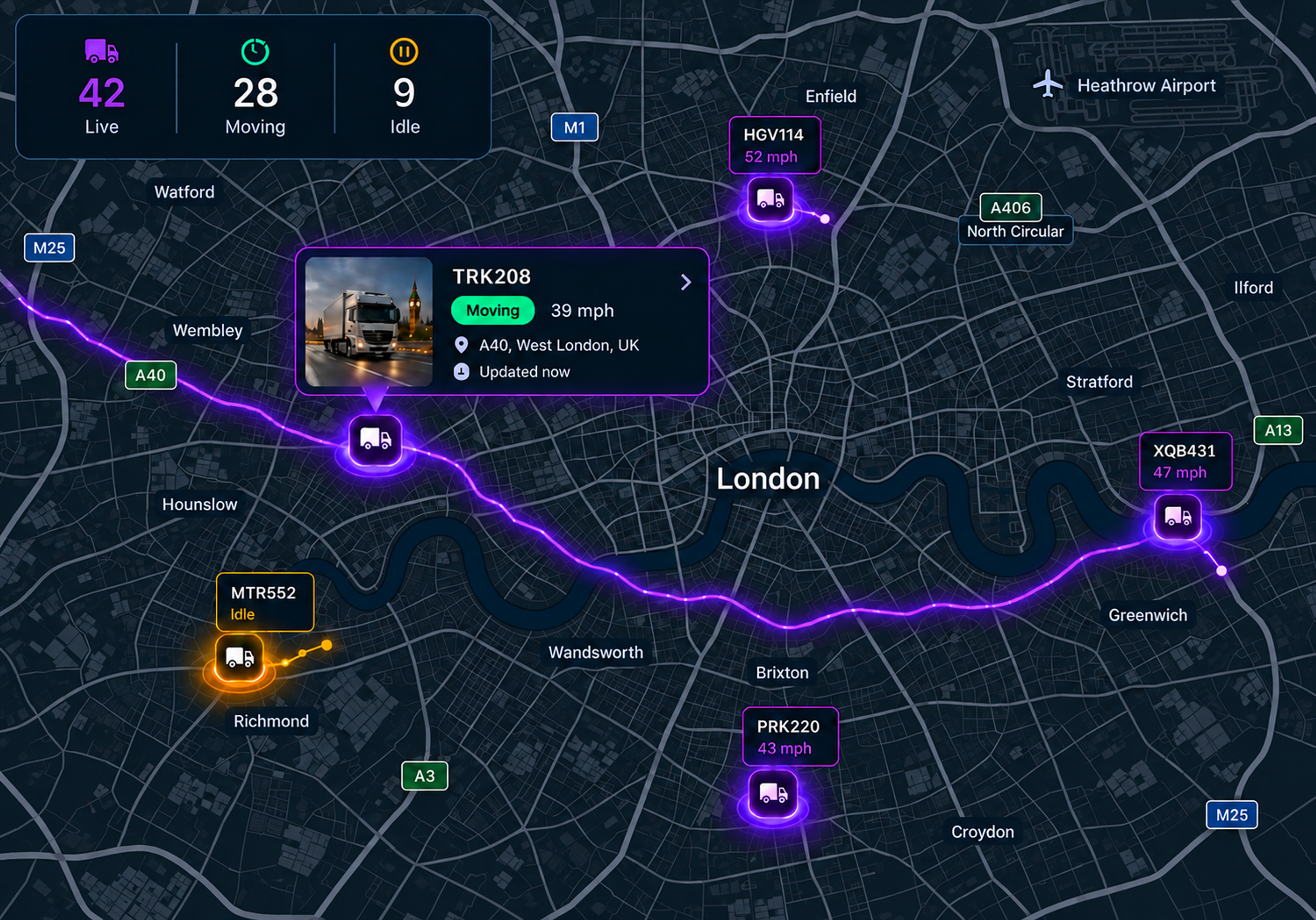 Vision360 GPS tracking console: the counters for vehicles online, moving, idle and today's trips, the live map with vehicle pins showing speed and status, and the vehicle list panel with per-vehicle status, speed, time and location. 4:3, dark UI, 2000x1500.