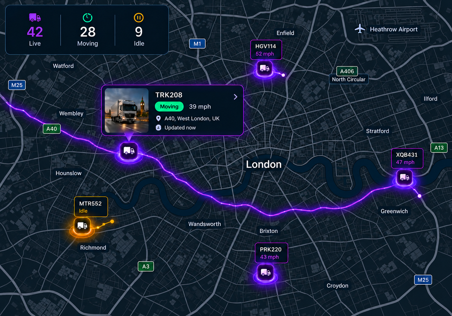 Vision360 GPS tracking console: the counters for vehicles online, moving, idle and today's trips, the live map with vehicle pins showing speed and status, and the vehicle list panel with per-vehicle status, speed, time and location. 4:3, dark UI, 2000x1500.