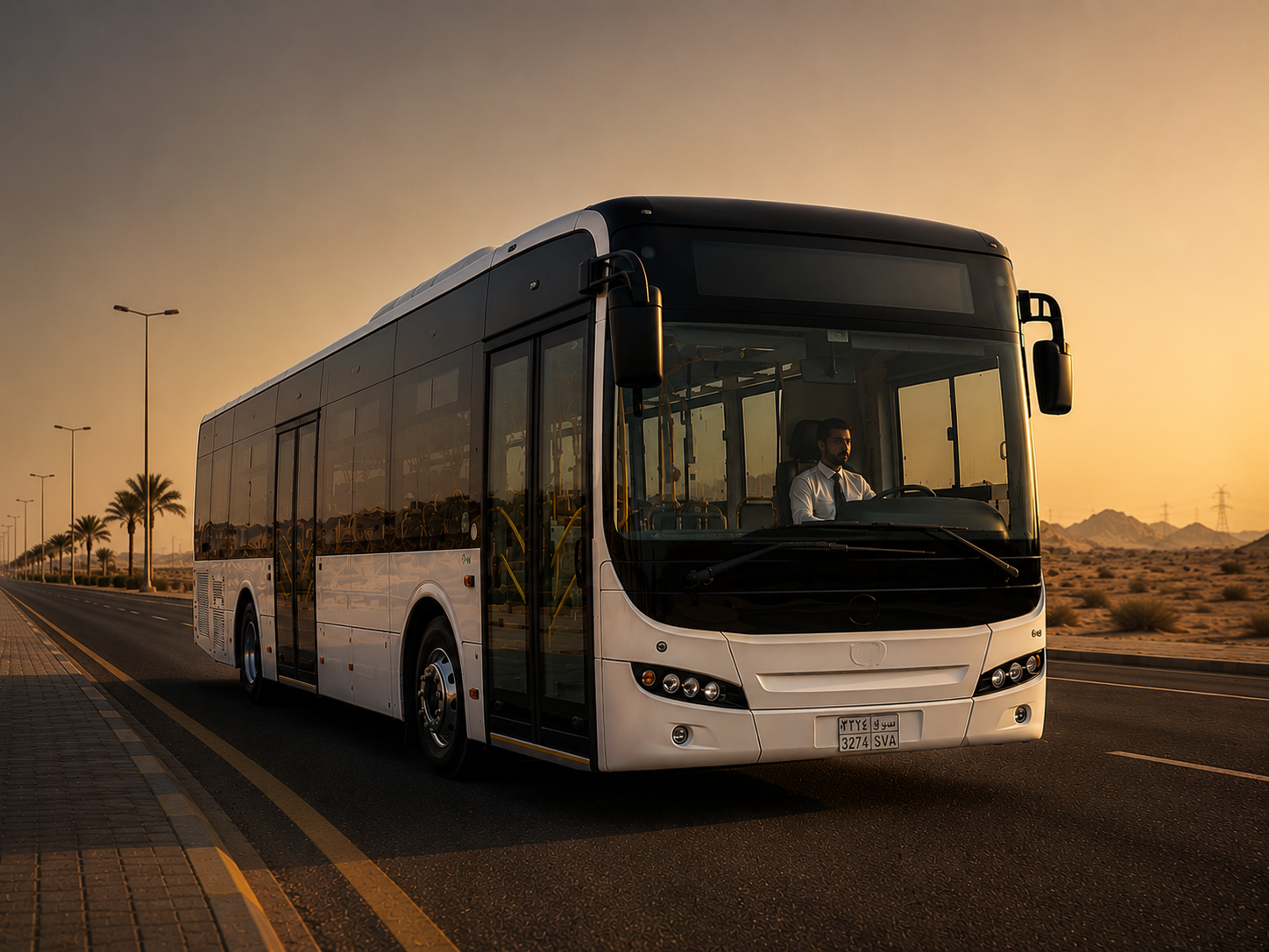 City bus on a Saudi highway at golden hour