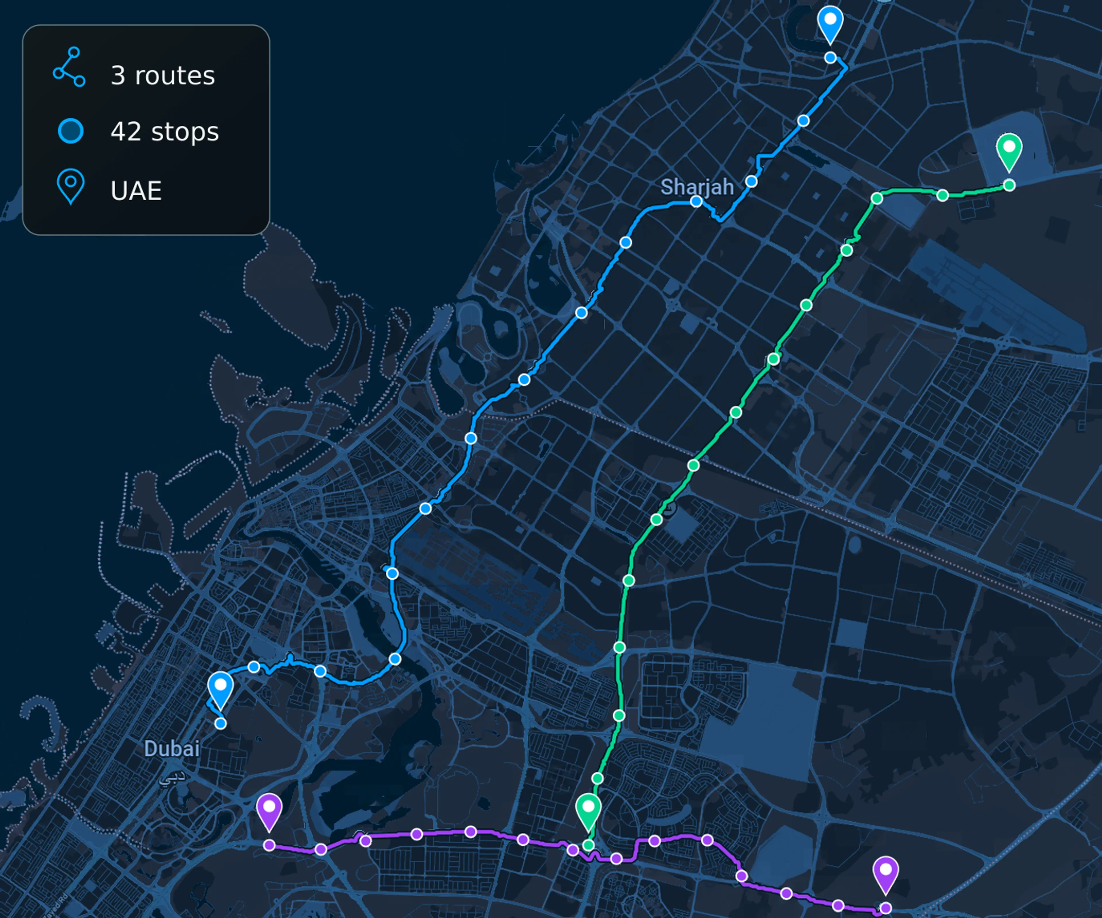 Route360 planning map: three optimised routes drawn in their own colours across a city.